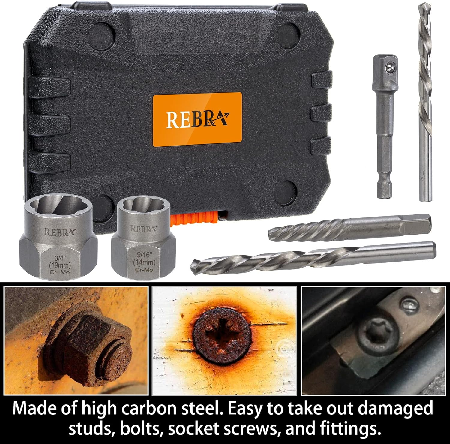 REBRA Screw&Bolt Extractor Set and Left-Hand Drill Bit Set, with Hex Adapter, Easy Out Stripped Screw Remover Socket Set Tool for Stripped, Damaged, Rounded-Off, Rusted Bolts, Nuts&Screws 26-Pieces