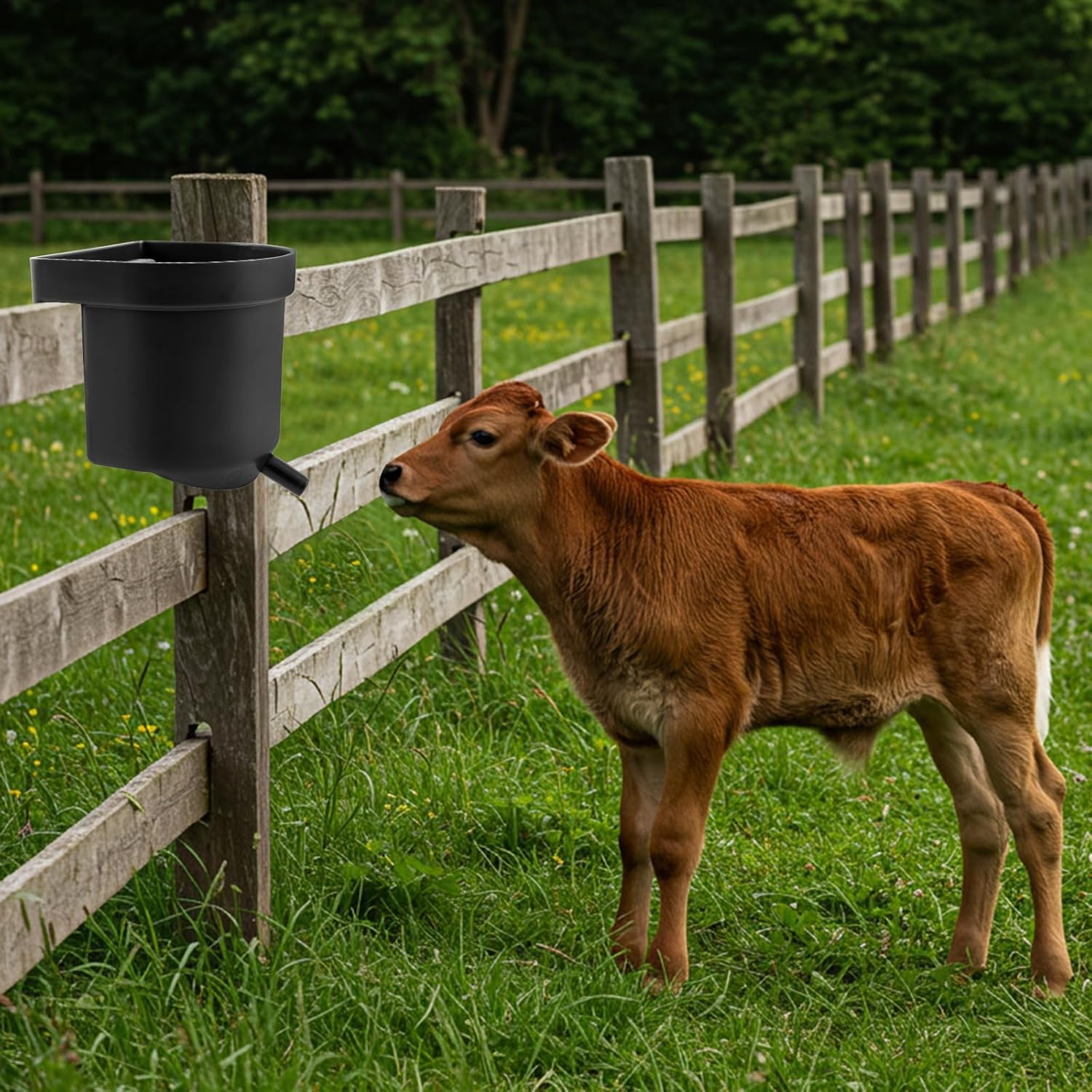 Abbylike 2 Pack 4 Quart Single Teat Calf Milk Feed Bucket Hook over Hanging Calf Feeder Bucket with Nipple Mountable Plastic Livestock Feeder for Farm Stall Barn Cowshed Cattle Housing Feeding image number 4
