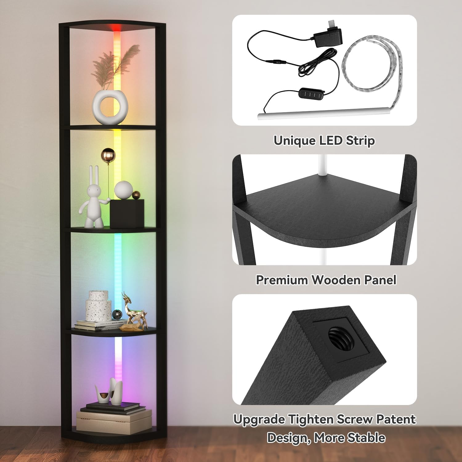 5 Tiers Corner Shelf with Light, 162Cm LED Corner Bookshellf Standing Floor Lamp via App and Remote Control, Corner Display Cabinet for Living Room Bedroom Home image number 2