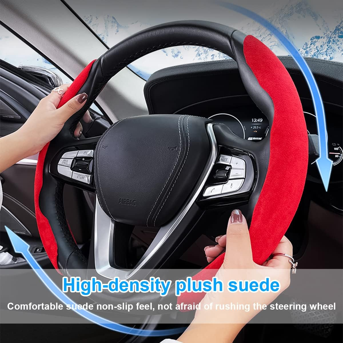 Car Steering Wheel Cover, Microfiber Suede Leather and Carbon Fiber Double Sided Design, Warm in Winter and Cool in Summer, Breathable Non Slip Segmented Protector for Most Cars (Turn Fur/Red)