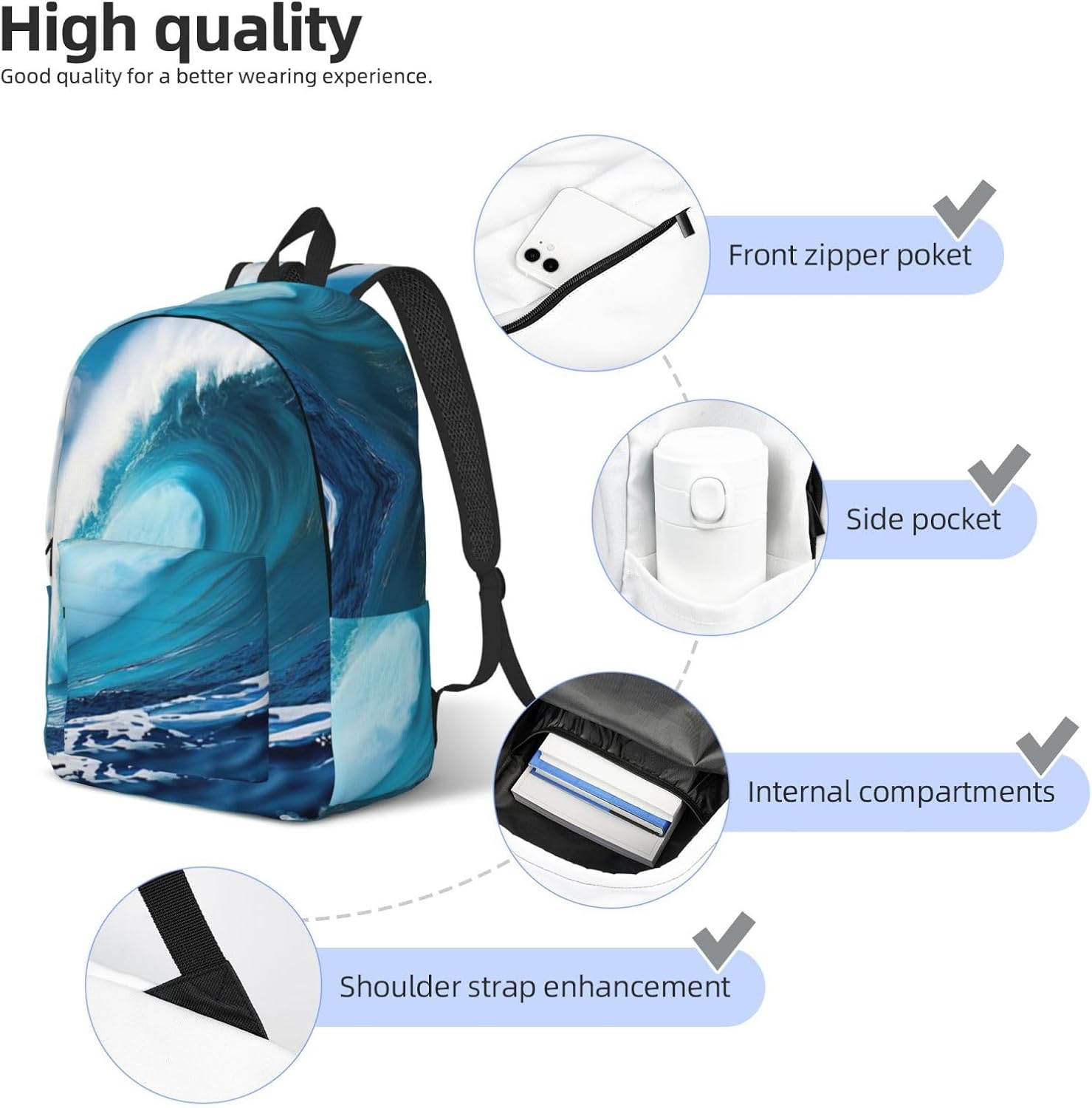 DRTGEDS Big Ocean Wave Hd Canvas Backpack for Men Women,Casual Rucksack Backpack, Laptop College Hiking Travel Bag image number 6