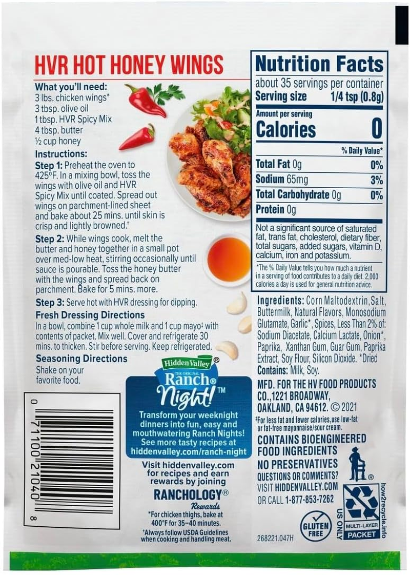 Hidden Valley Ranch Spicy Seasoning - (5) Hidden Valley Ranch Spicy Seasoning Packets 1 Ounce Bundled with (1) Eselect Bag Clip image number 3