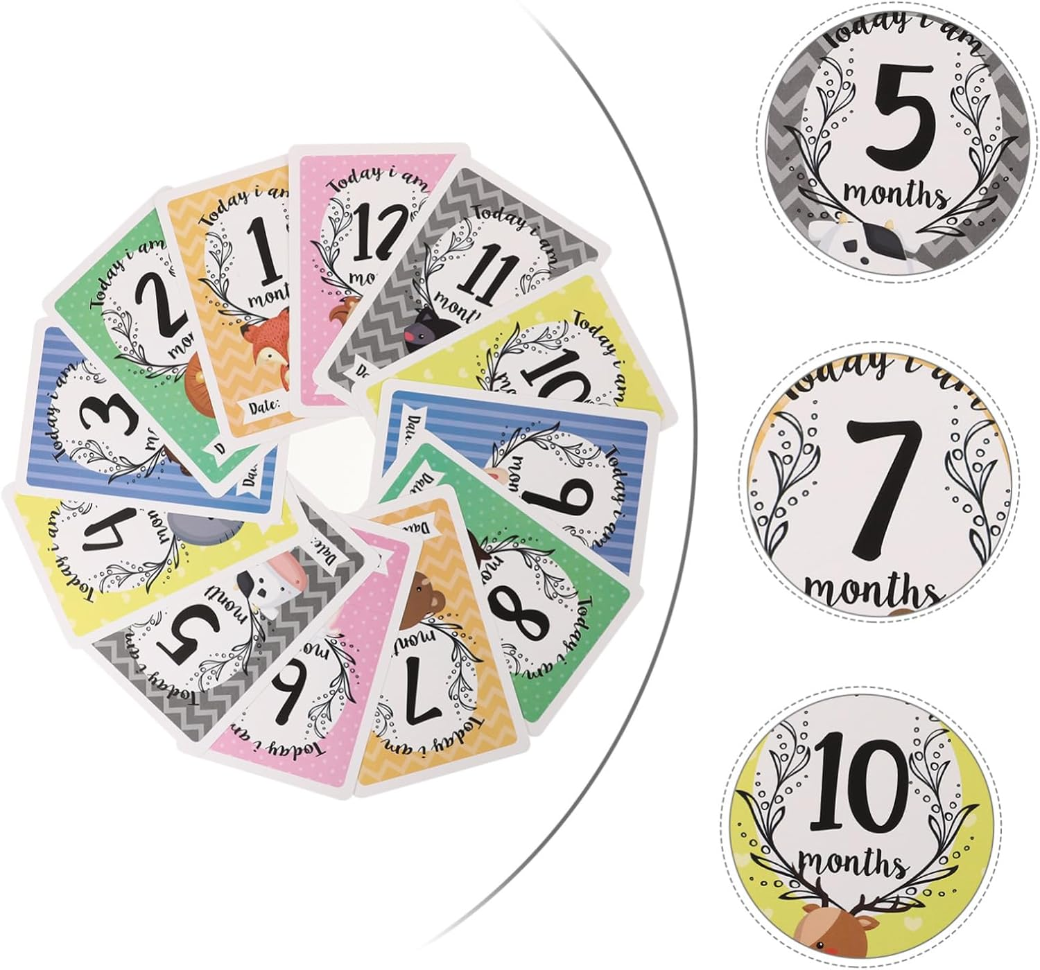 12Pcs Animal Monthly Milestone Cards for Newborn High Contrast Ink Print Pads for Photography Month Signs and Milestone Accessories image number 6