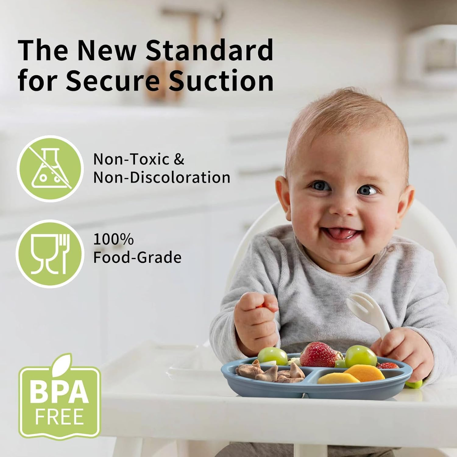Baby Plates with Suction - Silicone Baby Suction Plates for Toddler Kids Self Feeding - Weaning Plates for High Chair Tray - Unbreakable, Portable, Non Slip (Dark Blue/Grey/Grey Blue) image number 6