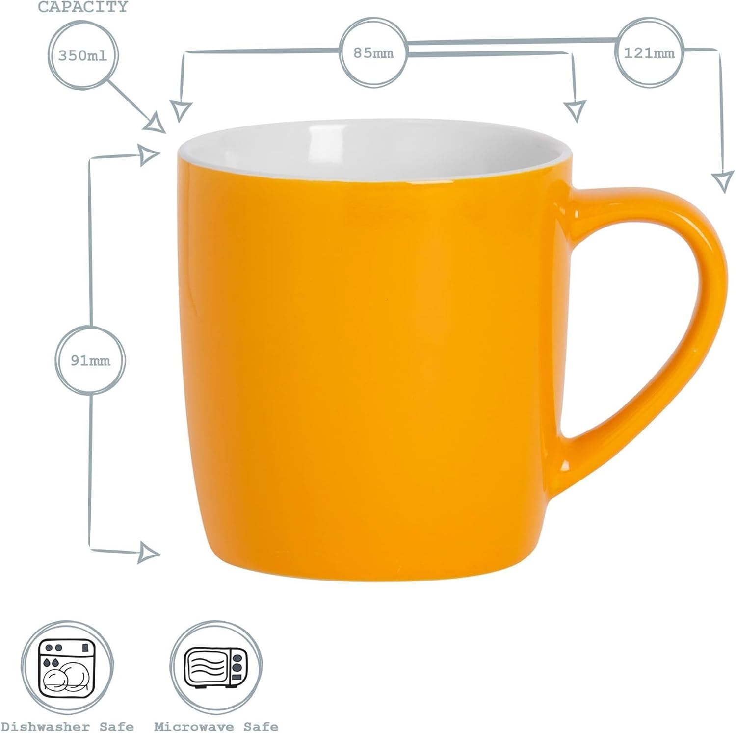 Argon Tableware Coloured Coffee Mugs - Yellow - 350Ml - Pack of 6 - Gloss Ceramic Stoneware Latte Cappuccino Cups Hot Chocolate Cups Colourful Mug Set with Handle