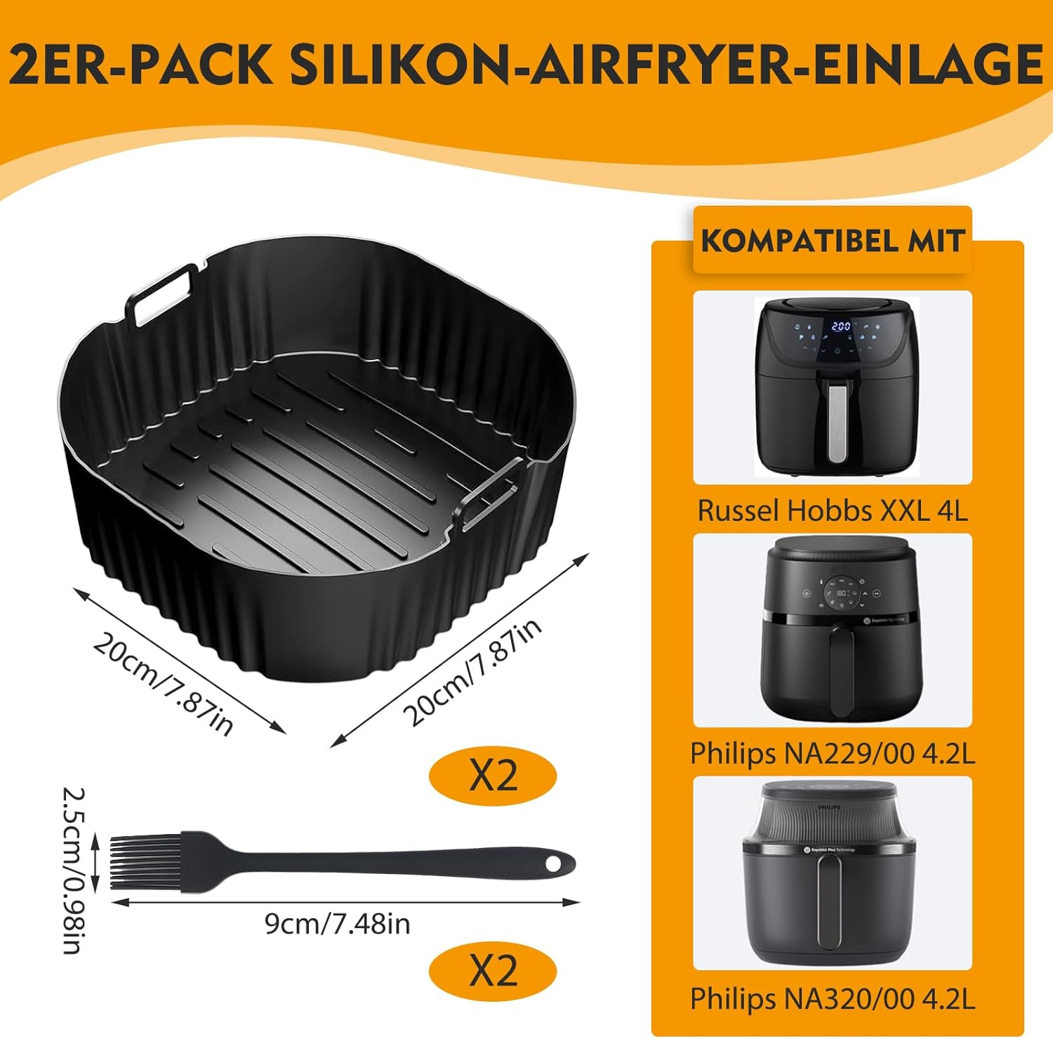 VEGCOO Pack of 2 Airfryer Silicone Baking Moulds with 19 Cm Silicone Oil Brush Black Airfryer Square Silicone Baking Mats Baking Mats Heat Resistant Baking Aids for Airfryer Oven image number 2