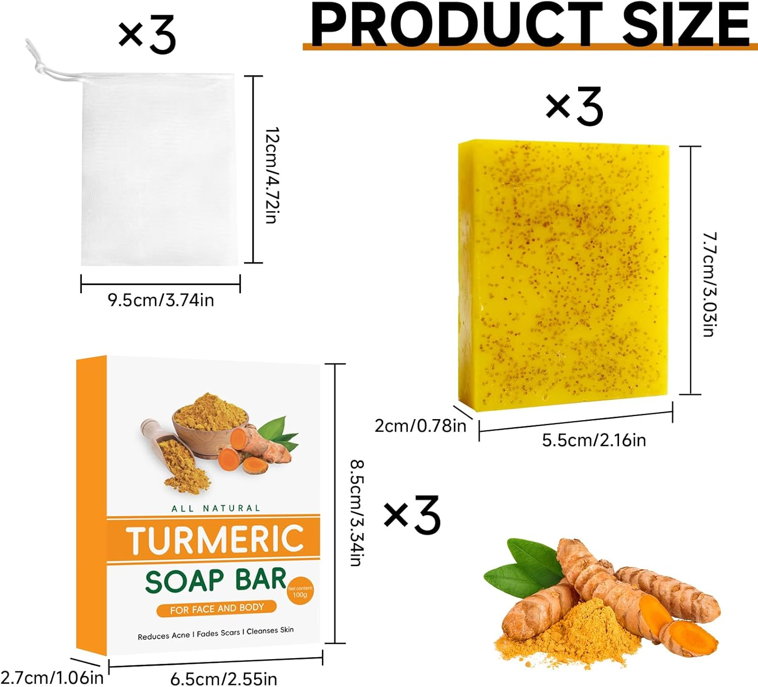 3 Pcs Turmeric Kojic Acid Soap Bar, Lemon & Ginger Handmade Cold Process Cleanser for Face-Body Brightening Moisturizing Skin Tone Care with Vitamin C 3 Foaming Mesh Bags 300G image number 3