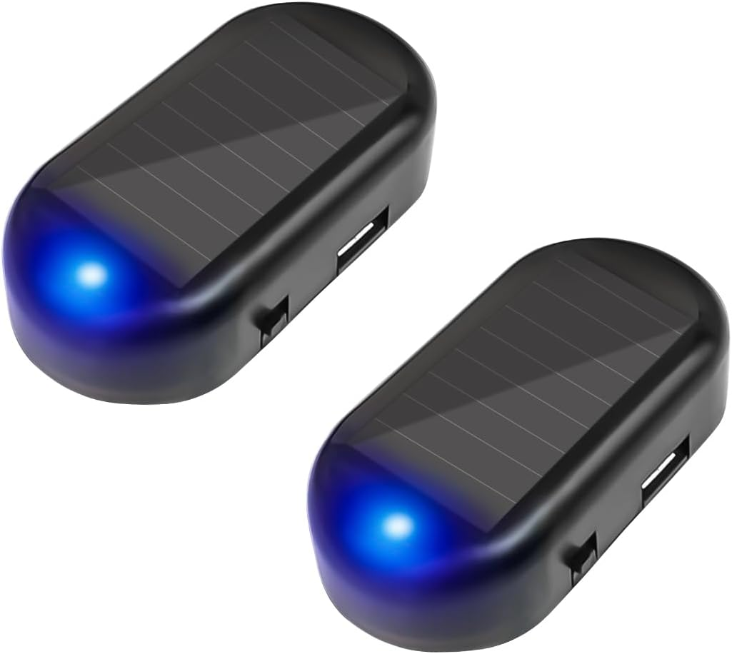 Car Solar Power Simulated Dummy Alarm, Anti-Theft LED Flashing Security Light Fake Lamp, Automotive Warning Interior Safety Lights with USB Charger Port, Car Accessories for Most Cars (Blue/1Pcs)