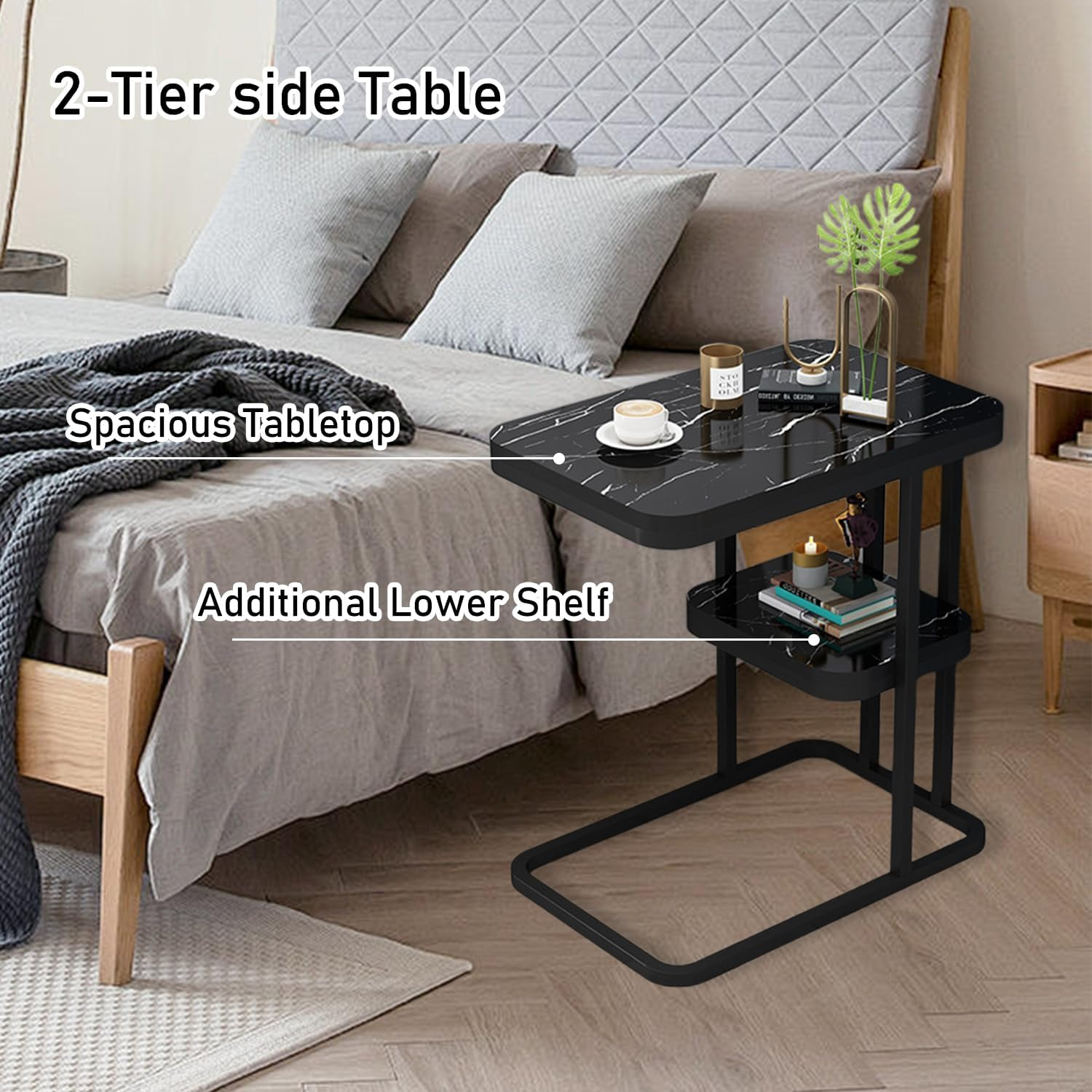 Square Side Table,2-Tier Sturdy C Shaped End with Storage Narrow Side Table for Living Room Bedroom with Metal Frame,Bedside Table Sofa Couch Table for Space Bedroom Metal Nightstand Sofa (Black) image number 1