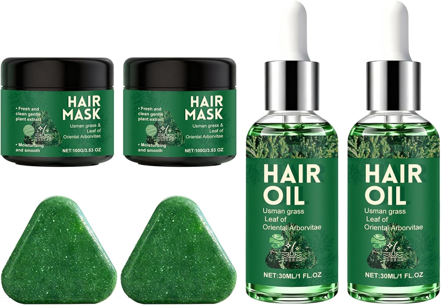 Arborvitae Leaf Hair Care Set Hair Oil Shampoo Bar Hairs Mask Set, Usman Grass Solid Shampoo Bar for Oily Scalp, Nourishing Mask for Dry Damaged Hairs, Usman Grass Oil for Frizz Control (2Set) image number 4