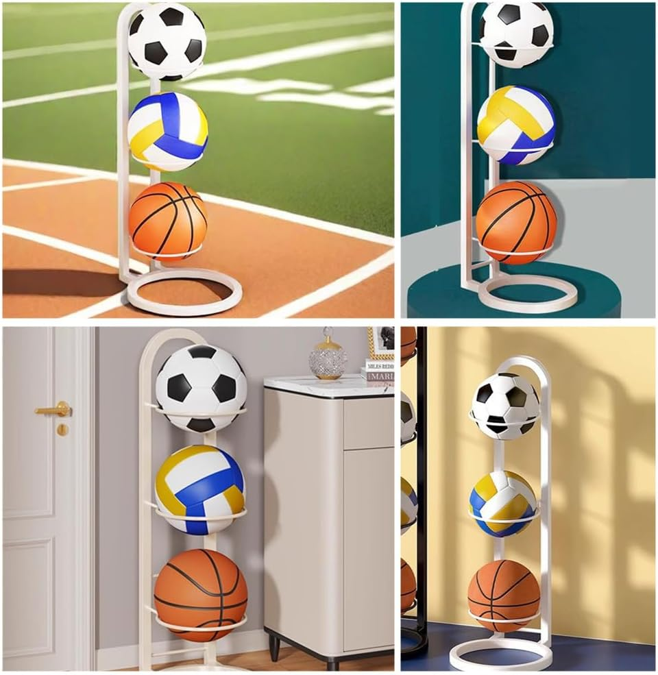 Basketball Organizer Stand,3-Tier White Ball Storage Rack,Removable Home Cube Frame Ball Stand Storage, Freestanding Stable Garage Sports Organizer Equipment Display Stand for Indoor Sports Room