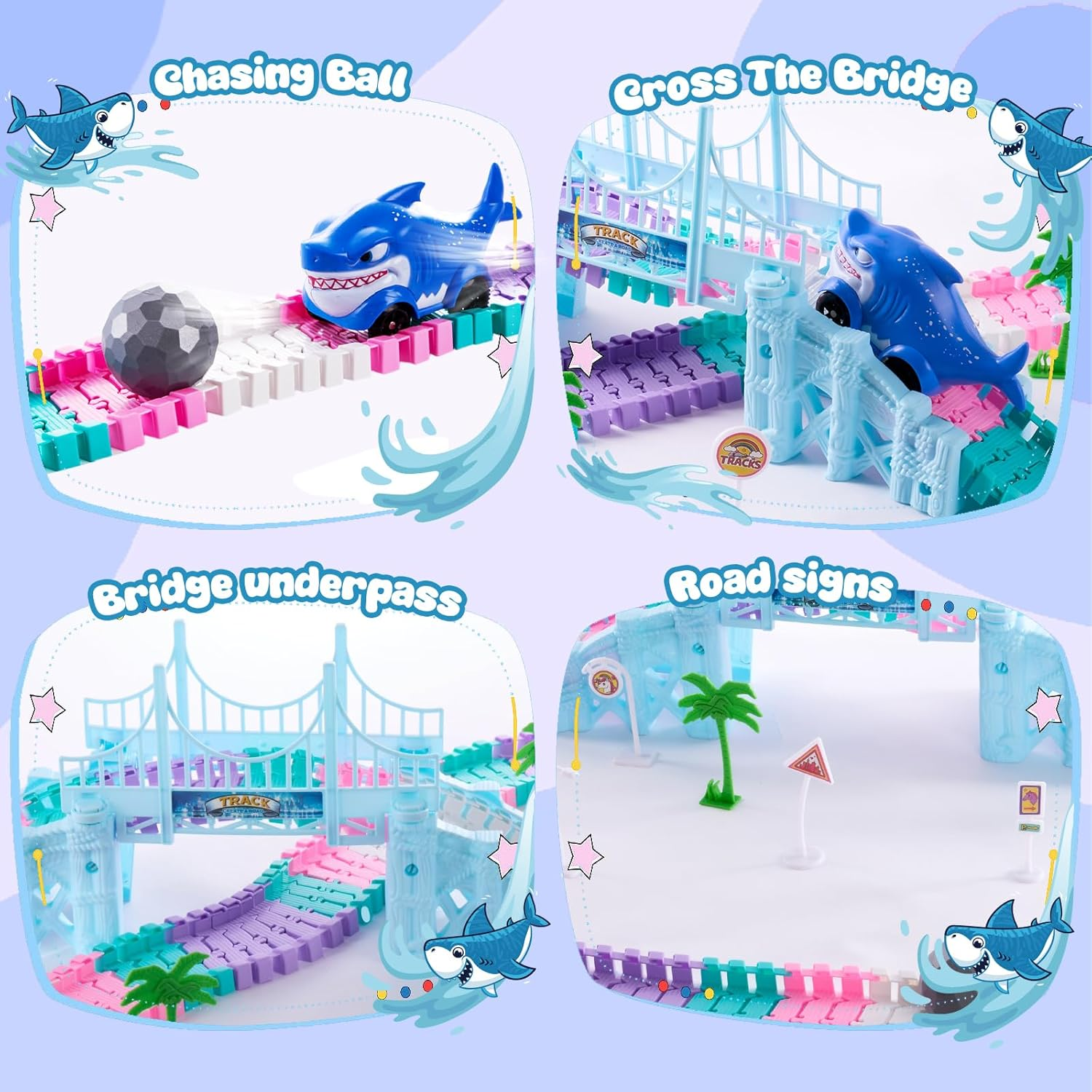 DIY Unicorn Track Toys 194 Pcs Shark Race Car Toys for Boys Girls 3 4 5 6 7 9 Year, Bendable Flexible Racetrack Cars with Shark & Ball, Unicorn Gifts for Girls, Presents for 3+ Year Old Kids image number 4