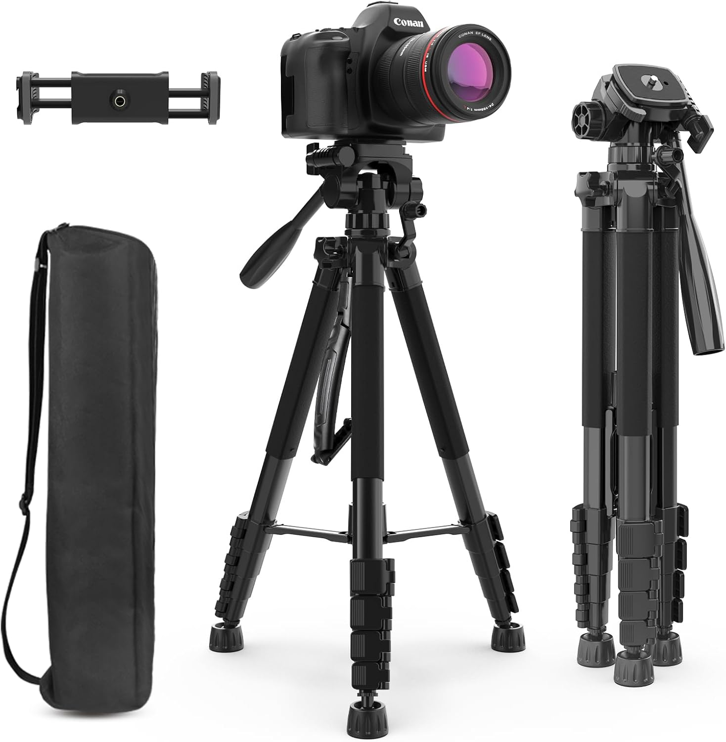 Aureday 74&rsquo;&rsquo; Camera Tripod with Travel Bag,Cell Phone Tripod with Wireless Remote and Phone Holder, Compatible with DSLR Cameras,Cell Phones,Projector,Webcam,Spotting Scopes(Black) image number 2