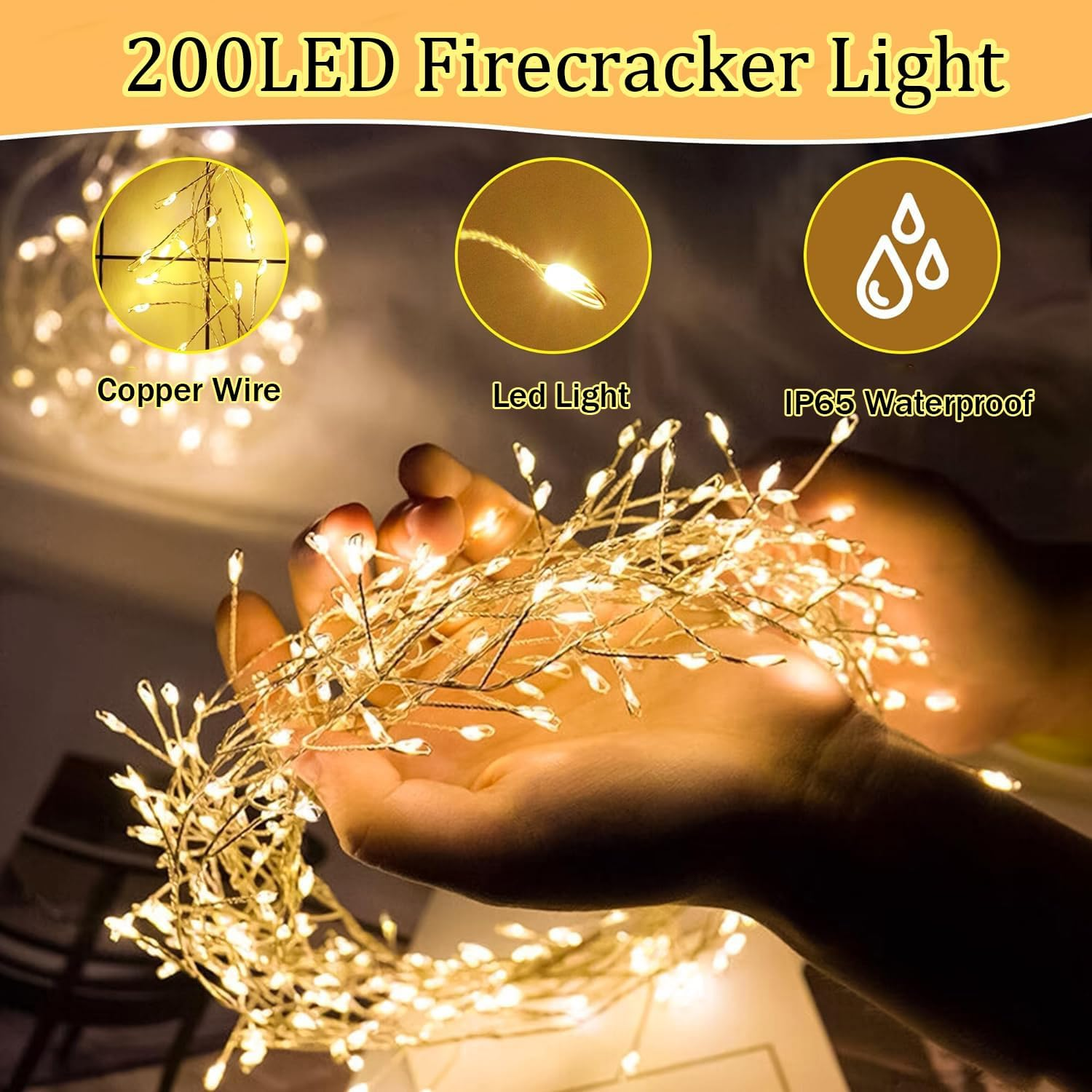 LED String Lights, Battery Powered Fairy Lights, 19.7FT 200LED Firecracker String Lights, Silver Wire Led Firefly Lights for DIY Wreath Home Indoor Outdoor Christmas Decoration, Warm White image number 1
