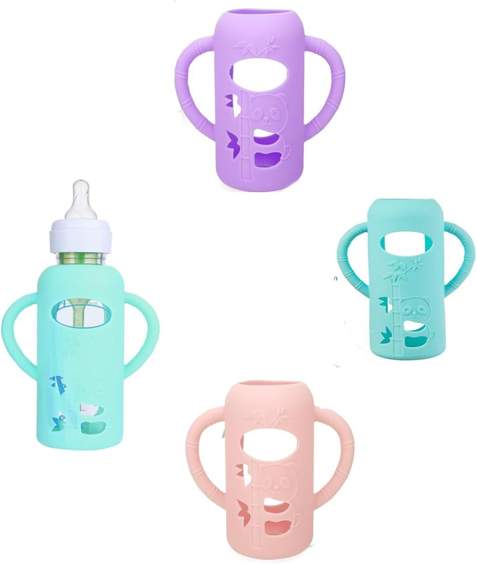 3 Pack Silicone Sleeves for Dr. Brown'S Glass Baby Bottles - anti Breakage Baby Bottle Holder, Compatible with Dr. Brown'S Newborn Glass Bottles,With Silicone Handles,4 Oz (White+Blue+Grey, 120Ml) image number 4