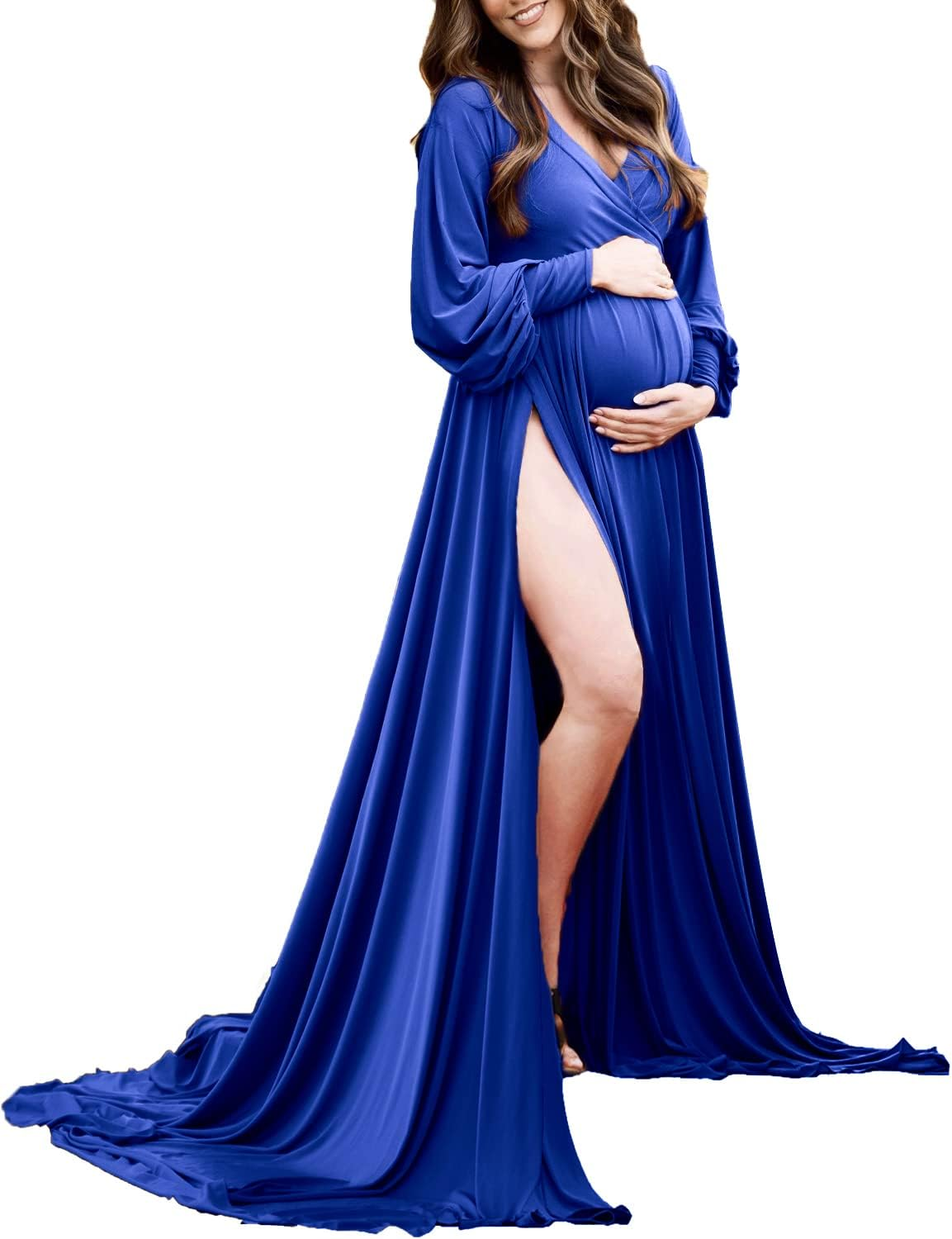Choiyubella Maternity Gown Bishop Sleeves Baby Shower Dress Wrap Side Slit Sweetheart Maxi Photo Shoot for Photography