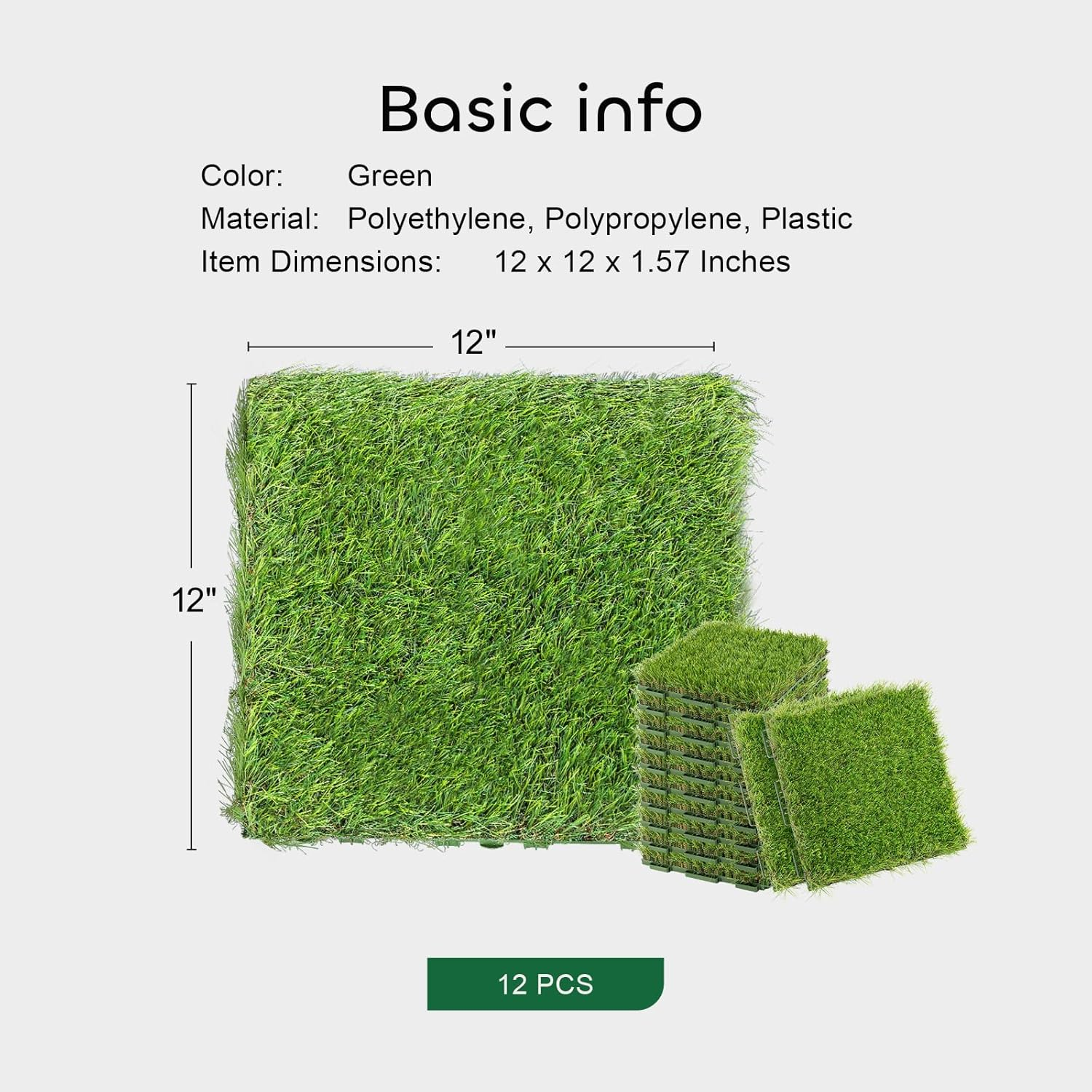 GROWNEER 1.57" H Interlocking Artificial Grass Tiles, 12" X 12" 12 Pcs Fake Grass Deck Turf Tiles with Upgrade Interlocking System Self-Draining for Pet Indoor/Outdoor, Backyard, Patio image number 1