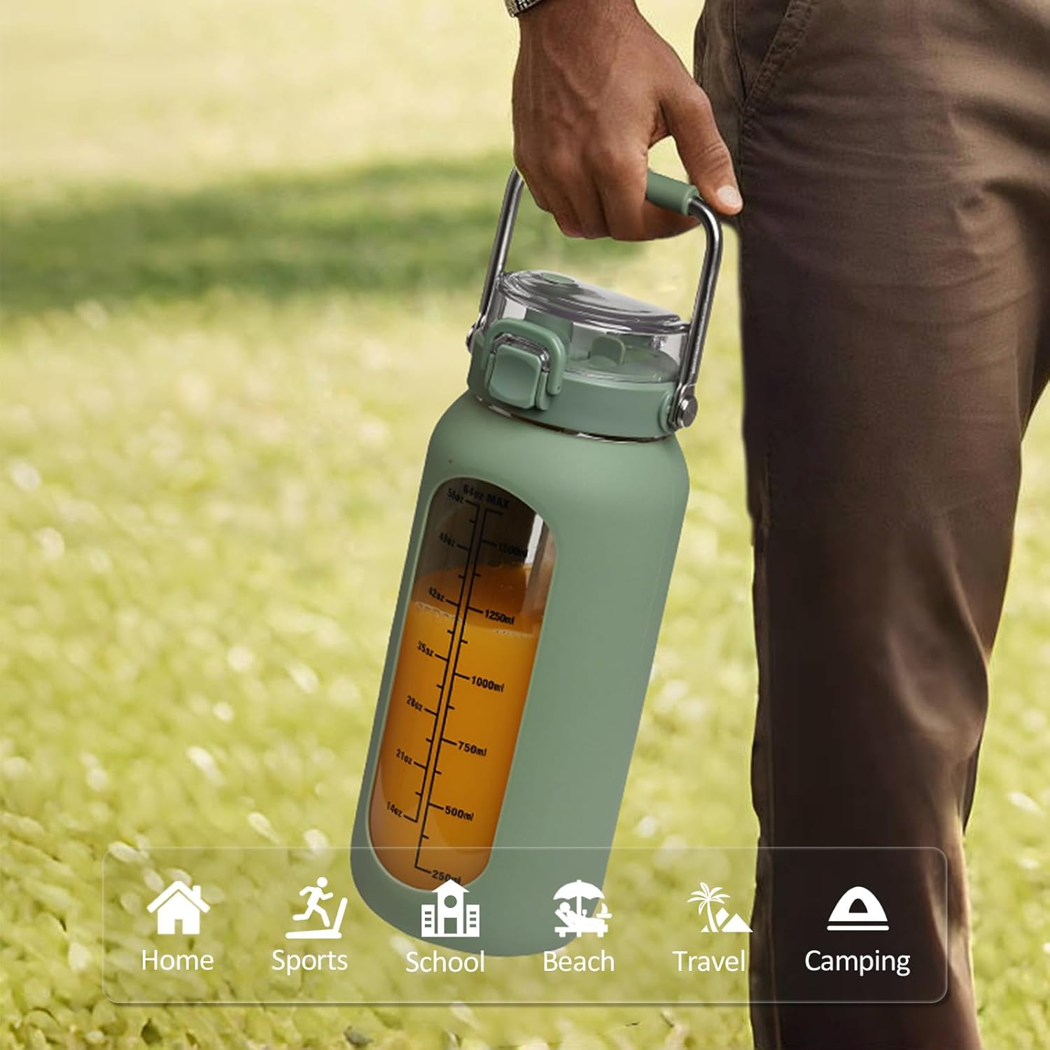 BLUEGO 2000 Ml Glass Water Bottle with Stainless Steel Handle and Time Marking, 2 L Drinking Bottle, Borosilicate Glass with Silicone Cover and Straw for Gym, Office, Outdoor, Sports, Water Bottles image number 6