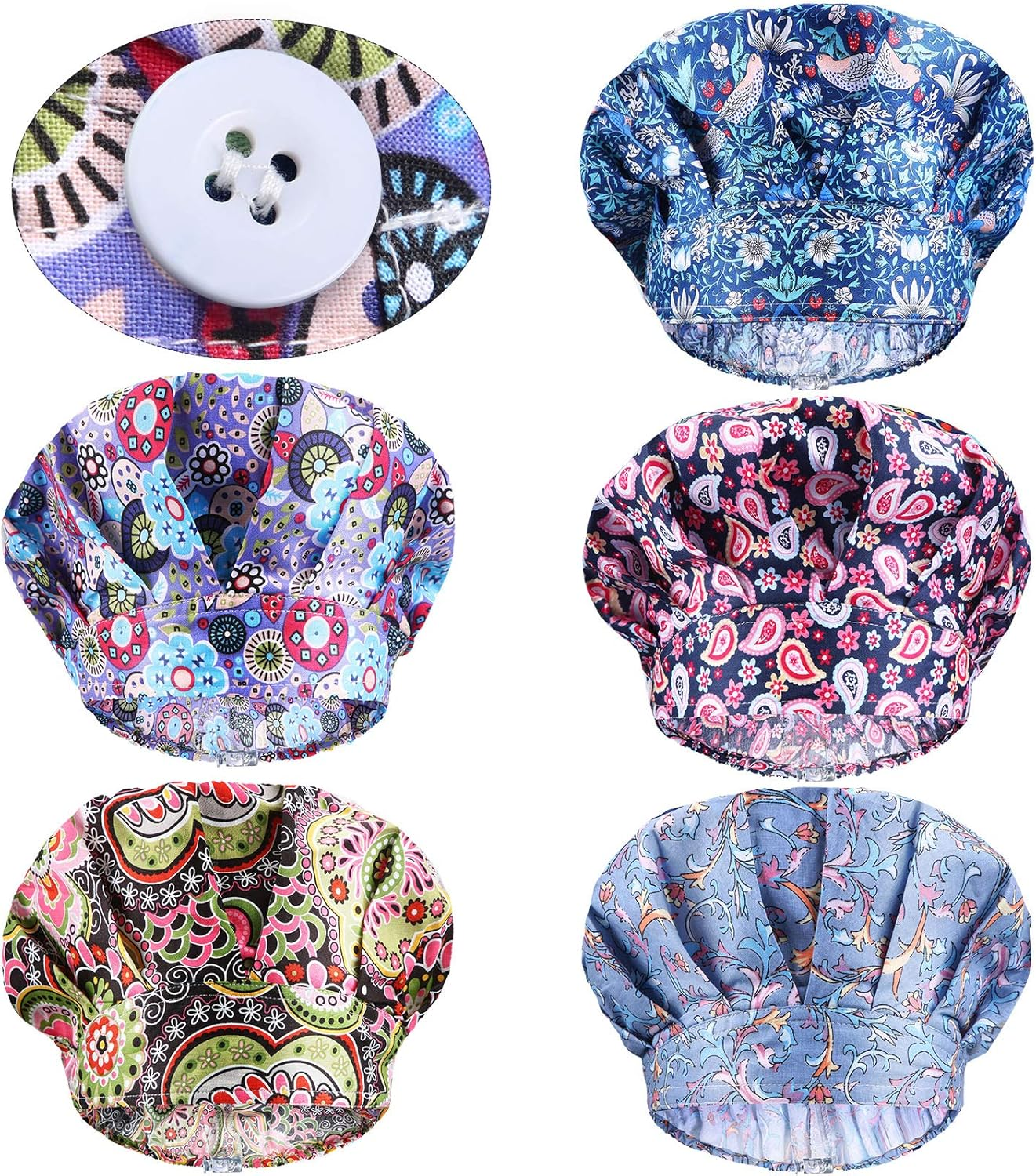 Geyoga 5 Pieces Adjustable Bouffant Caps with Buttons Printed Tie Back Hats with Sweatband Hat for Women Men, 5 Styles, Multi Color, 1 image number 6