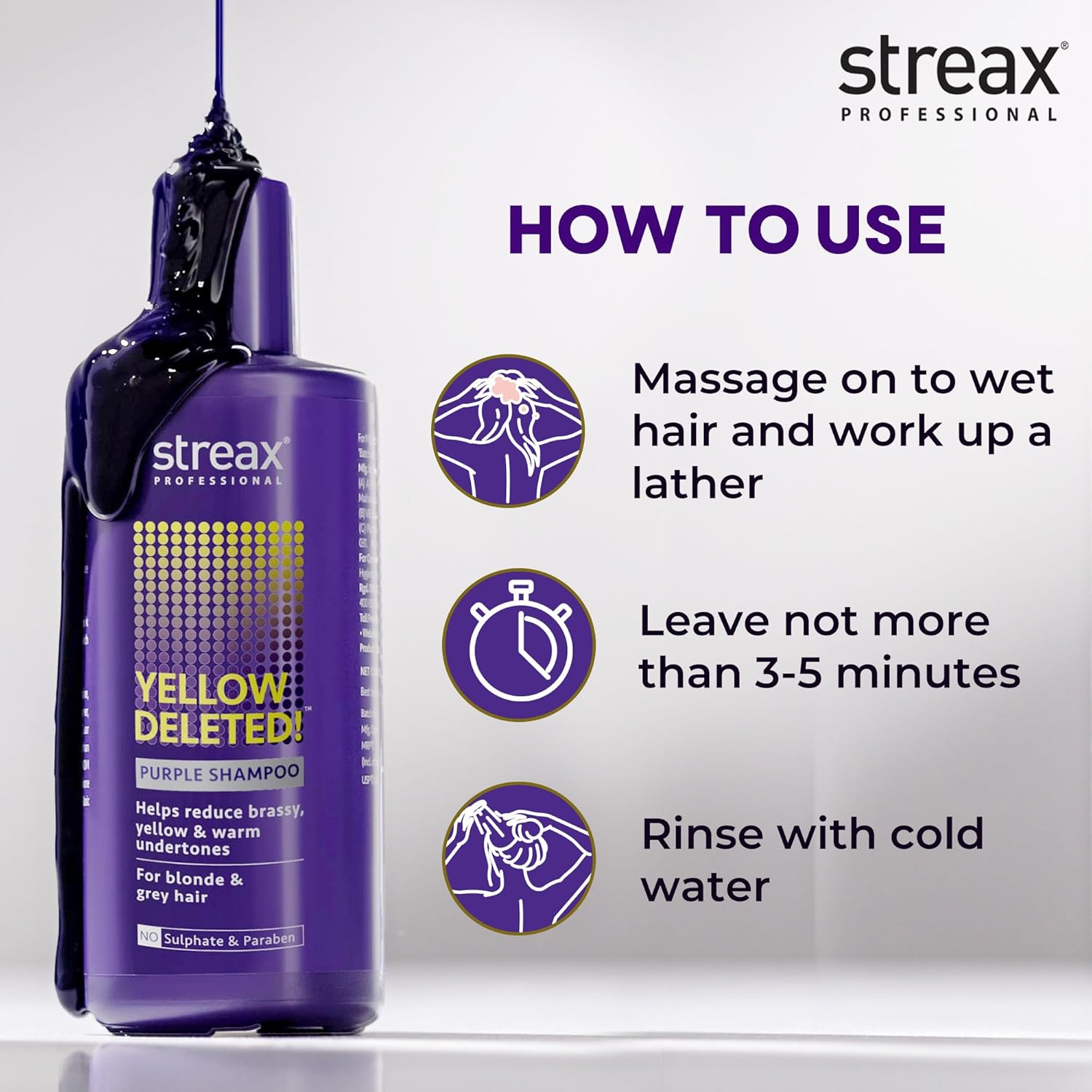 Streax Professional Yellow Deleted! Purple Shampoo, 300 Ml I for Prelightened, Blonde & Grey Hair I Sulphate & Paraben Free