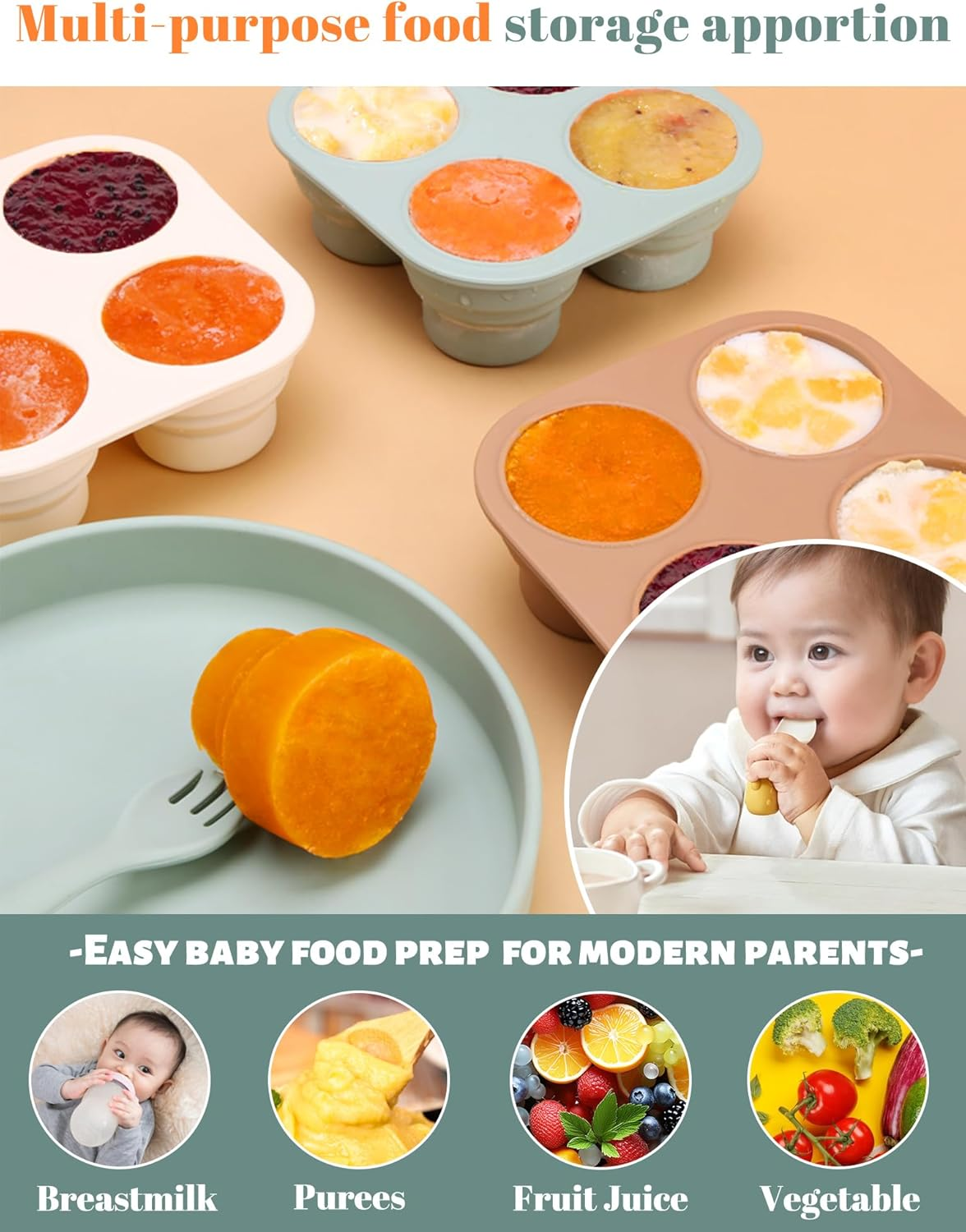 Stackable Reusable Baby Food Freezer Storage Tray Silicone Freezer Tray Storage Containers Baby Food Ice Cube Trays Milk Trays for Breastmilk Blue image number 2