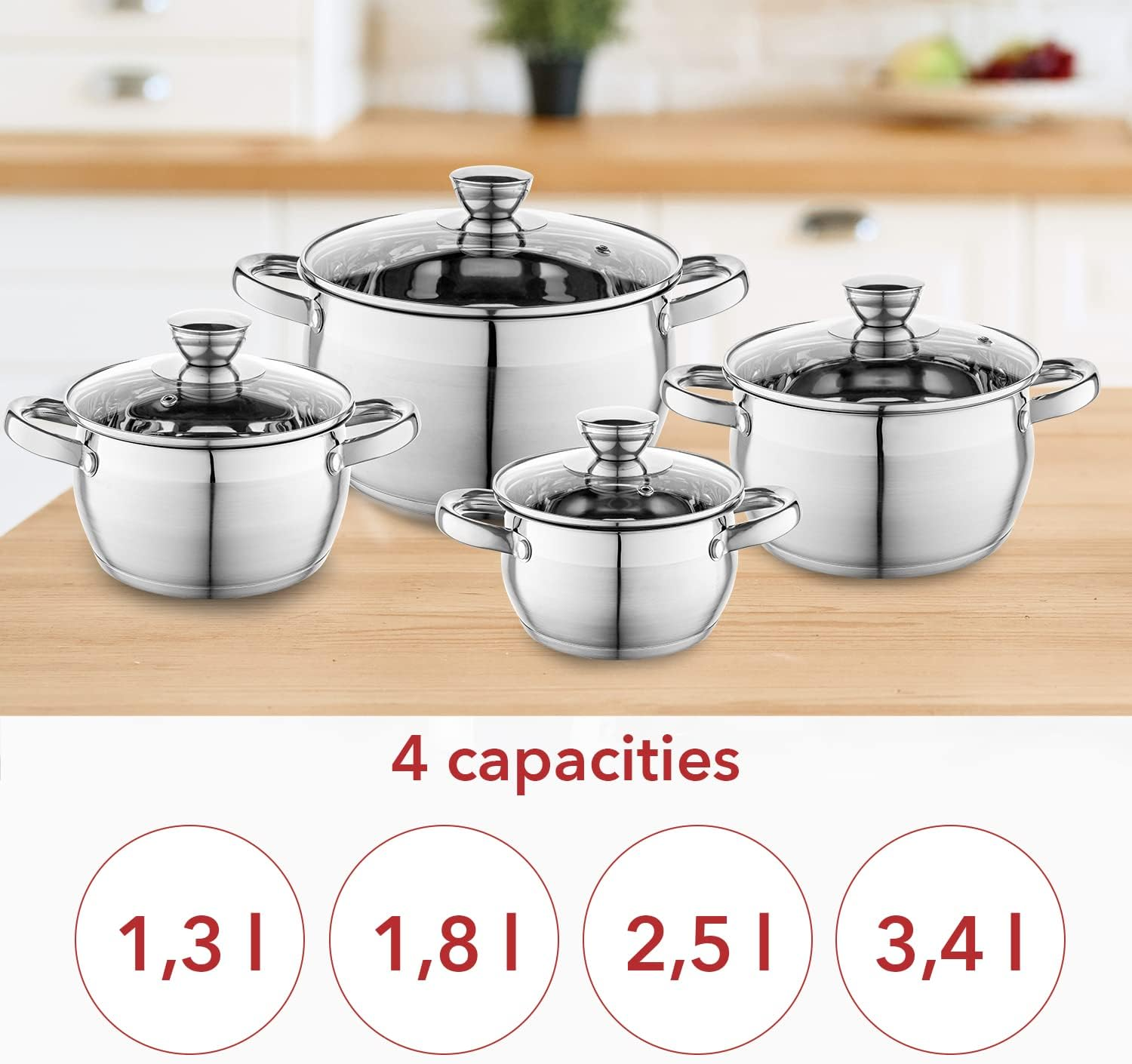 FLORINA Oliver 8-Piece Stainless Steel Pot Set, 1.3L, 1.8L, 2.5L, 3.4L, Induction, Gas, Electric Compatible, Dishwasher Safe, Nickel-Free, Glass Lid, Measurement Mark image number 1