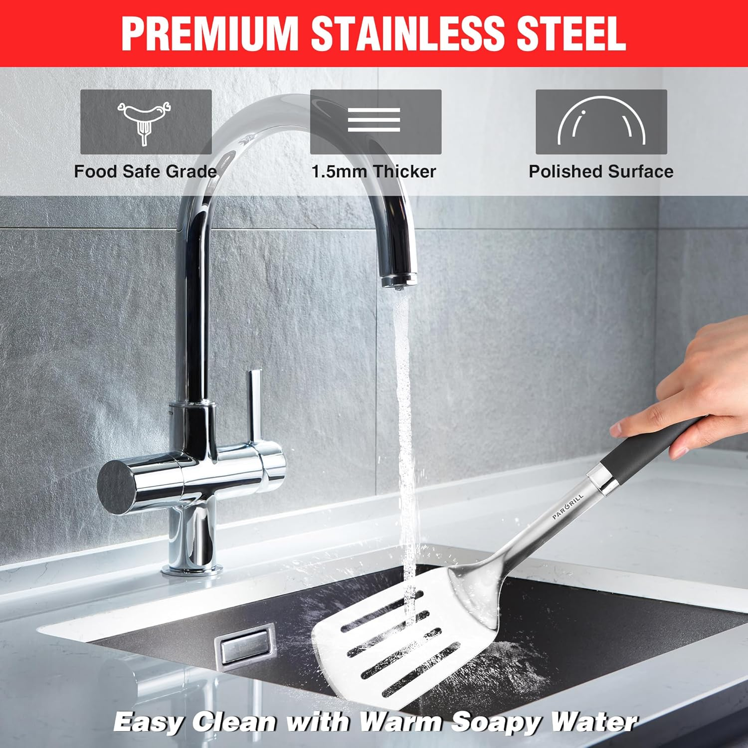 PARGRILL Grill Accessories Heavy Duty BBQ Set Gifts for Men/Women - Premium Stainless Steel Spatula, Fork, Brush & Tongs, Barbecue Utensils Tool Kit Gift for Grilling Lover Outdoor image number 4