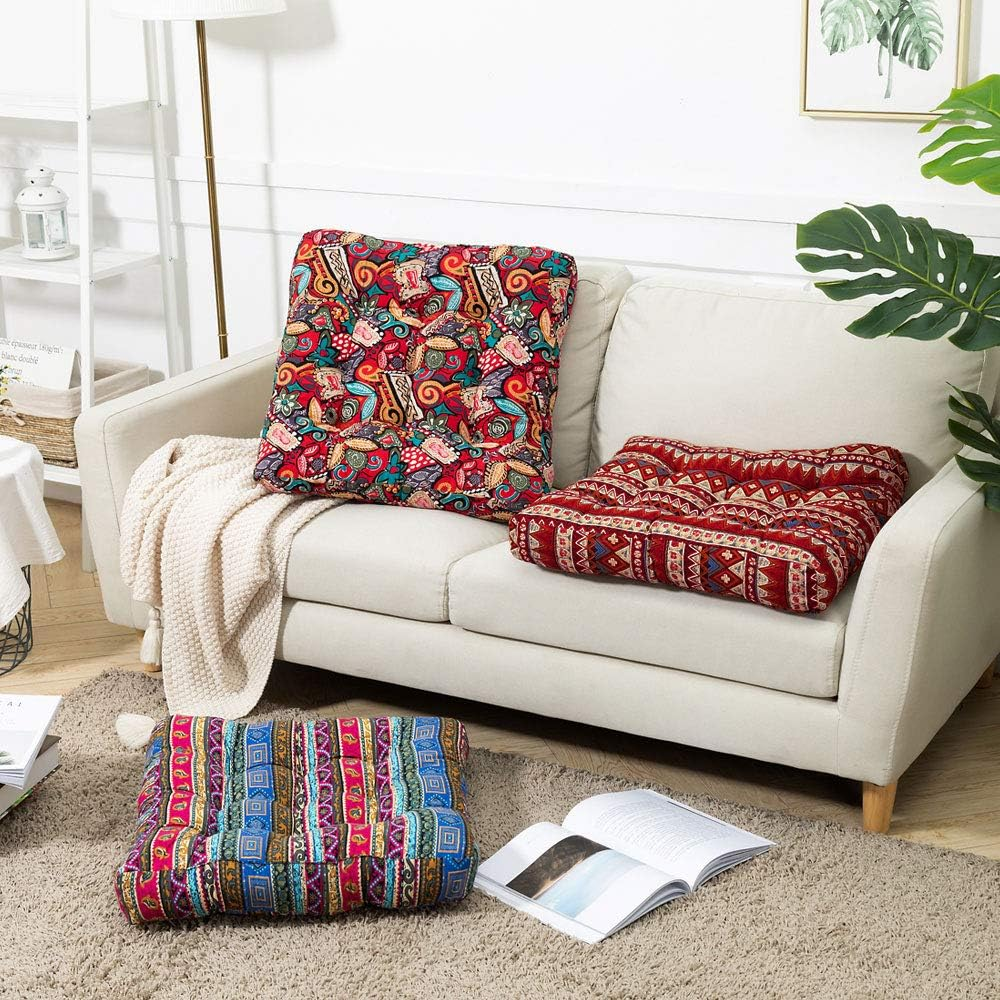 HIGOGOGO Boho Floor Pillow, Bohemian Patchwork Style Meditation Pillow Square Seat Cushion Yoga Cushion India Seating Pad for Living Room Bedroom Balcony Garden Party Decoration, 22X22 Inch image number 4
