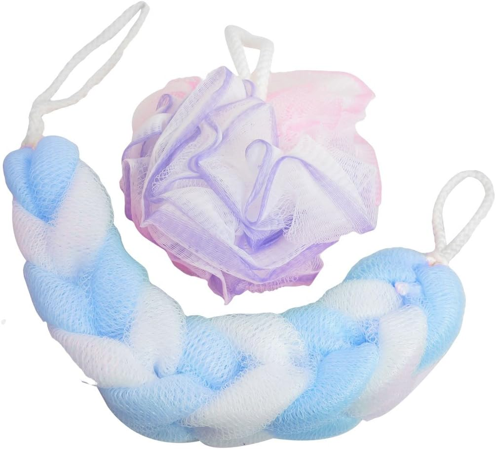 Ruilogod Assorted Color Nylon Meshy Bathing Bath Shower Braided Pouf 2Pcs