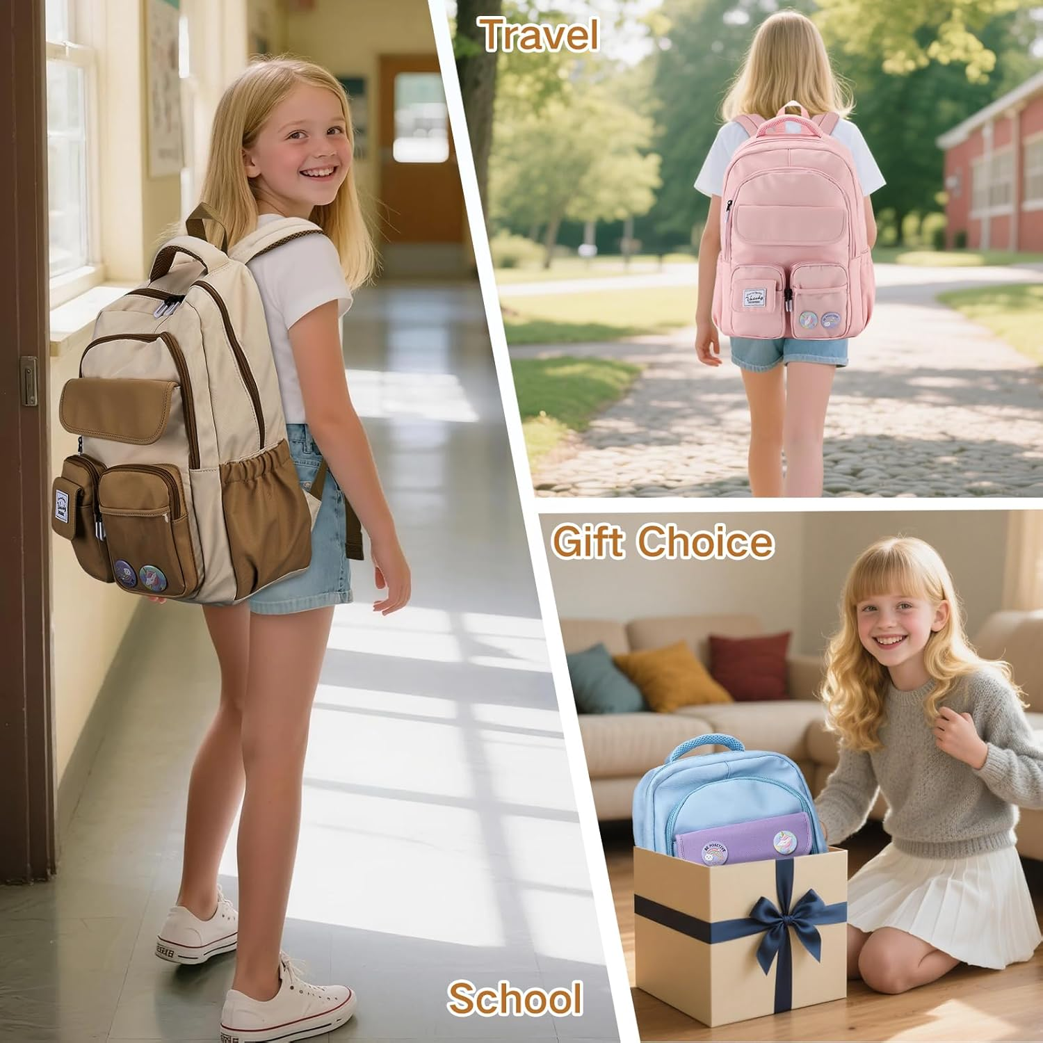 Large Backpack for Girls, VASCHY Cute School Bag Bookbag for Elementary Middle Schooler Teen Girls/Boys/Kids Travel Hiking with Clear Pin Pouch image number 4