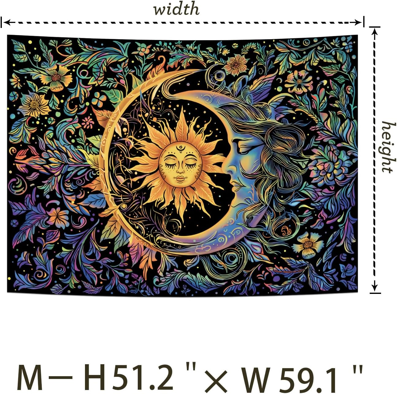Sun and Moon Tapestry Psychedelic Mystic Floral Tapestry Hippie Boho Flower Plants Wall Tapestry Vintage Aesthetic Tapestry Wall Hanging for Bedroom image number 2