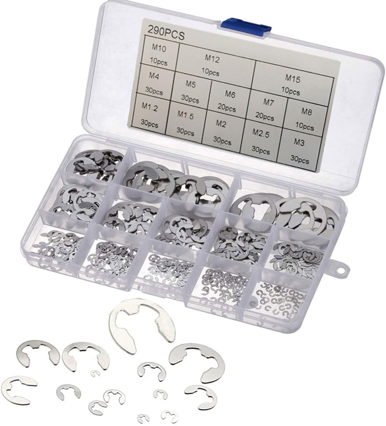 290Pcs 304 Stainless Steel E-Clip Assortment Kit, External Retaining Ring Assortment Set, Snap Ring Clip, 13 Sizes 1.2-15Mm E Circlip Retainer Rings for Bearings, Gears, Pulleys and Axles