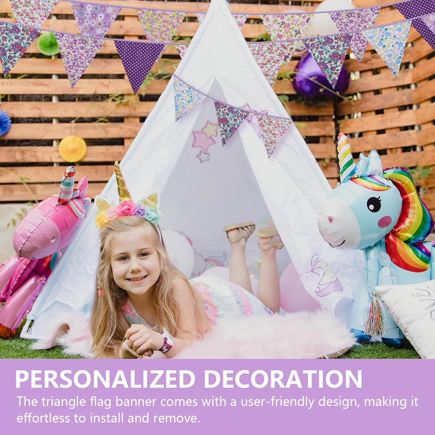 33Ft Floral Triangle Flags, Vintage Bright Triangle Pennants, Purple Bunting Garland Fabric Banner for Birthday Wedding Garden Party Afternoon Tea Decor Outdoor & Home Decoration image number 2