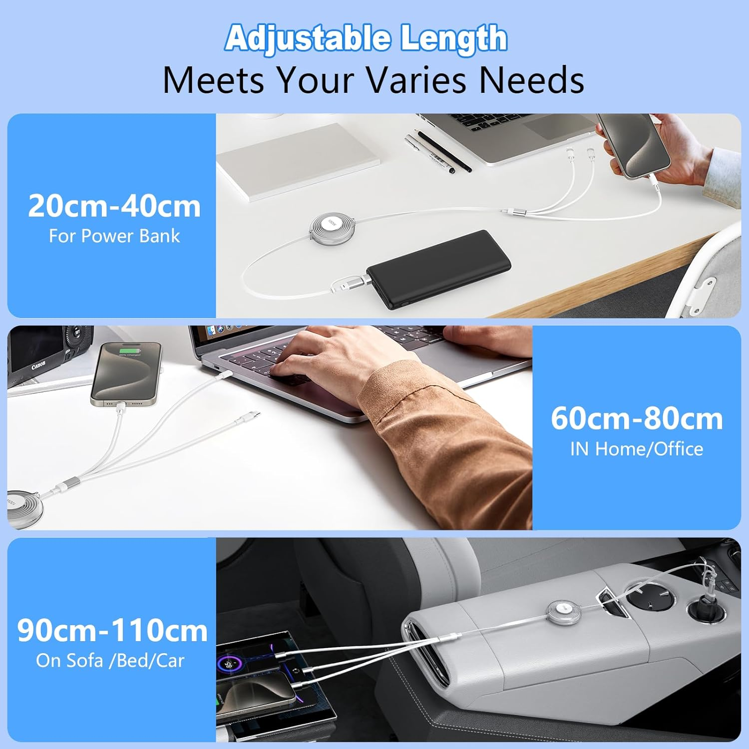 100W USB C to Multi Charging Cable, Iphone 15 Retractable Car Charger with Type C 100W+IP 27W+Micro USB 10W Multi Phone Charger for Iphone 15 14 13 12/Samsung S24 S23/Ipad/Macbook/Tablet 4FT White