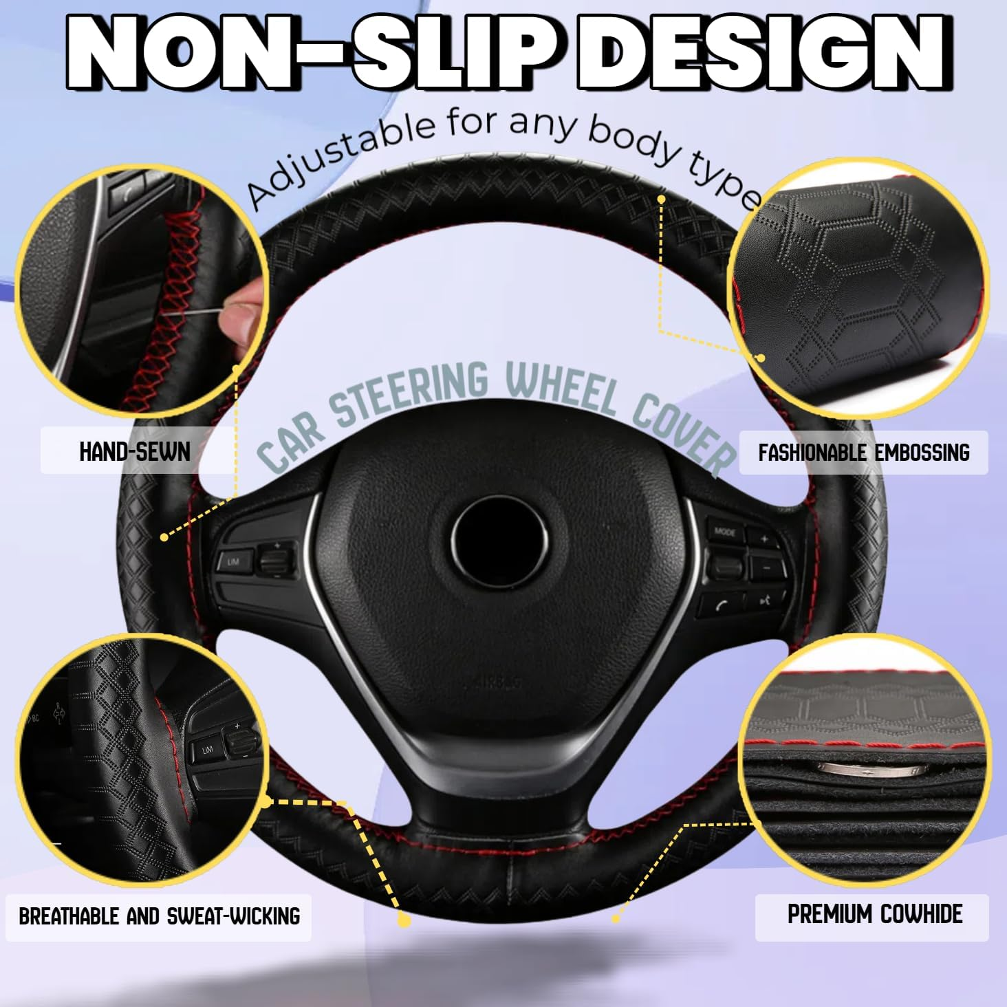 Universal Leather Steering Wheel Cover, Non-Slip Stitch on Wrap, DIY Car Wheel Cover Protector with Needle and Thread for Most Cars Suvs and Trucks - Red image number 5