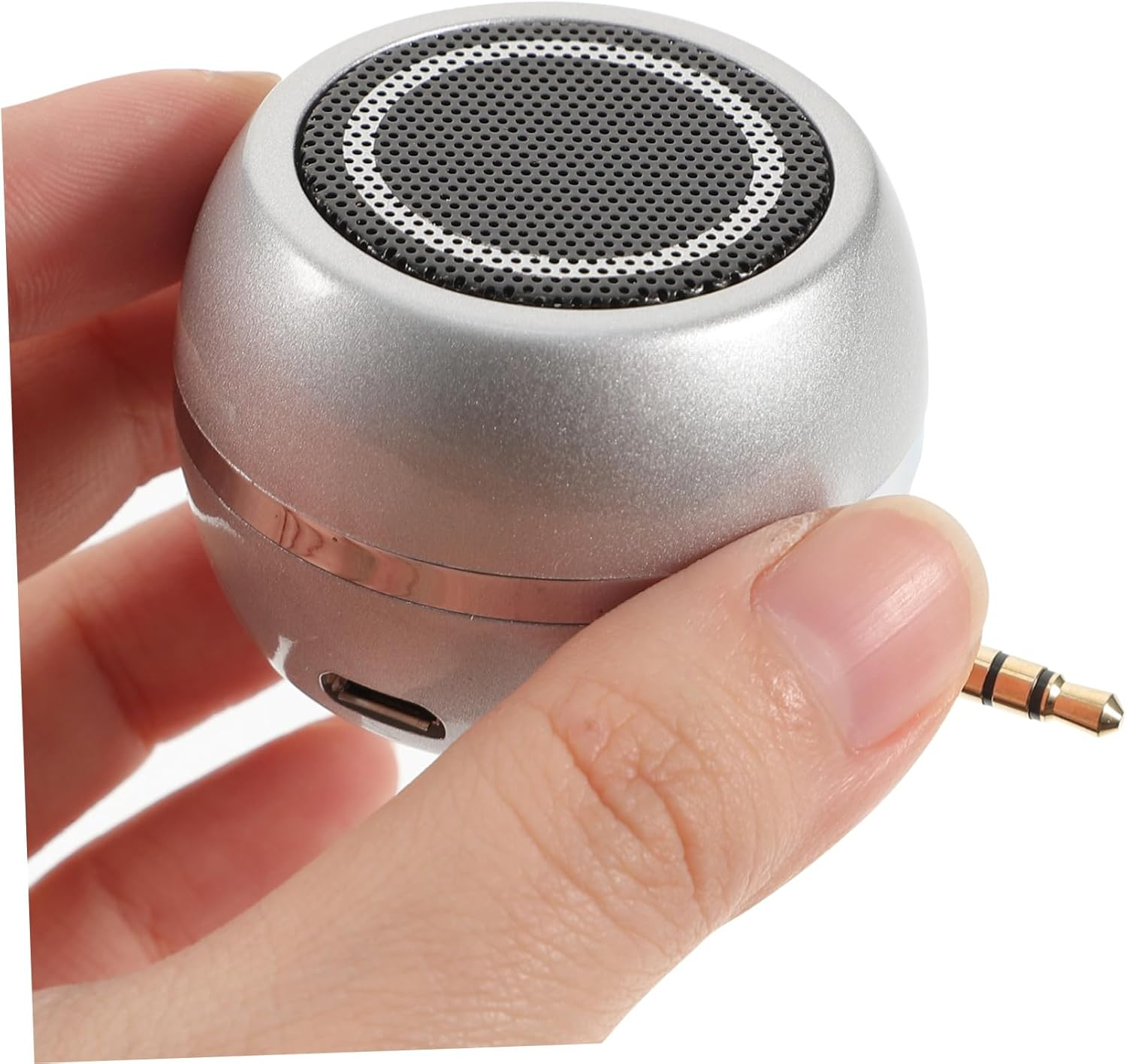 Portable Plug-In Mini Speaker with Aux Input and USB Rechargeable Battery, Silver Desktop External Loudspeaker for Phone and Laptop Use, Compact Bass Amplifier Suitable for Home image number 4