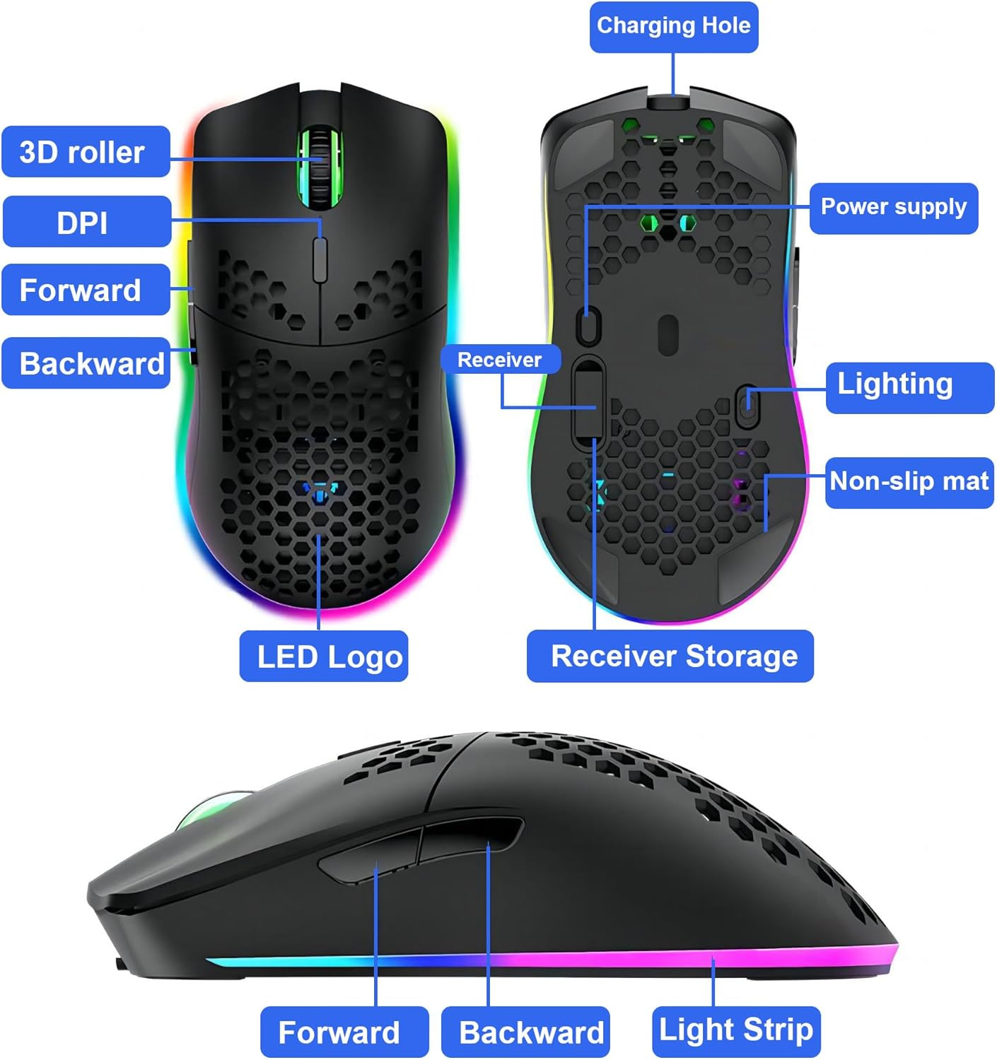 Mengshen Wireless Gaming Mouse Honeycomb, RGB Game Mice with Lightweight Shell High Precision Optical Sensor Adjustable 3200 DPI Ergonomic for Windows PC & Laptop Gamers (Black) image number 2