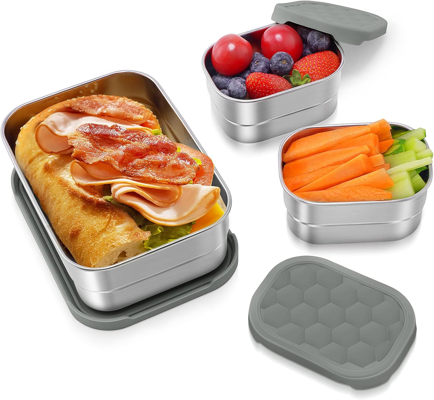 3 Cup+1 Cup Stainless Steel Lunch Snack Containers Set | Leak Proof 304 Stainless Steel Food Containers with Silicone Lids - Perfect Metal Lunch Box for School and Daycare (25Oz+8Oz*2)