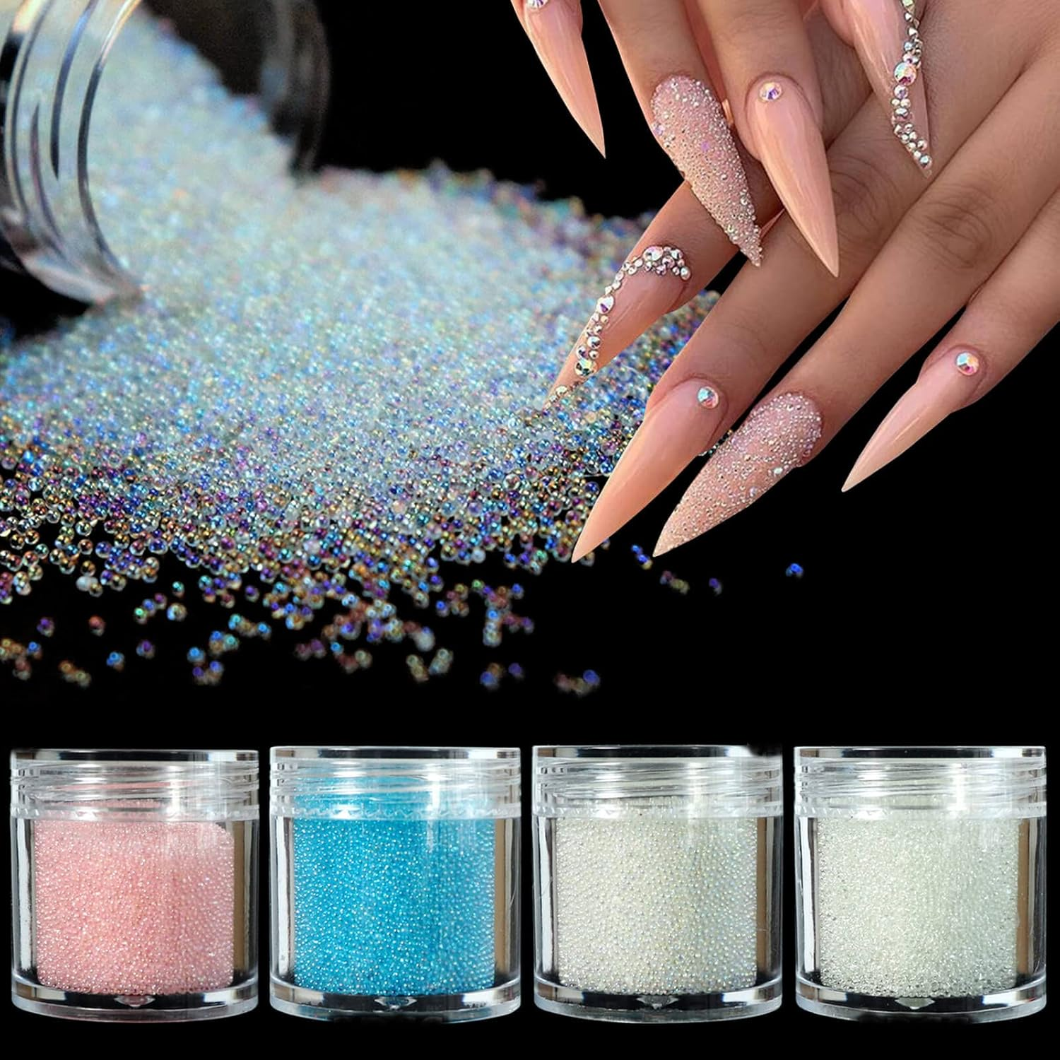 4 Colors Caviar Beads Nail Crystals Micro Pixie Beads Multicolor Glass Pixie Crystals for 3D Nail Art DIY Charms Decorations (Crystal Ab) image number 4