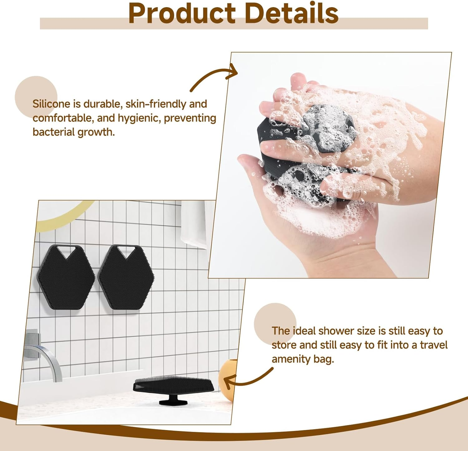 Ergonomic Handle Silicone Scrubber - Facial & Back Exfoliator, Long-Lasting Easy-Clean Design with Lather Boosting Bristles, Compact 22X15X4Cm Body Scrubber for Shower & Spa (Black) image number 3