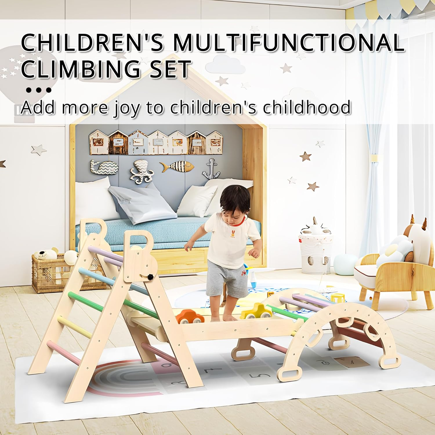 Kids Triangle Climbing Toys Set 7 in 1 Foldable Toddler Wooden Climbing Toys with Arch Ramp Ladder Baby Climber Indoor Jungle Gyms for Toddlers - Rainbow image number 4