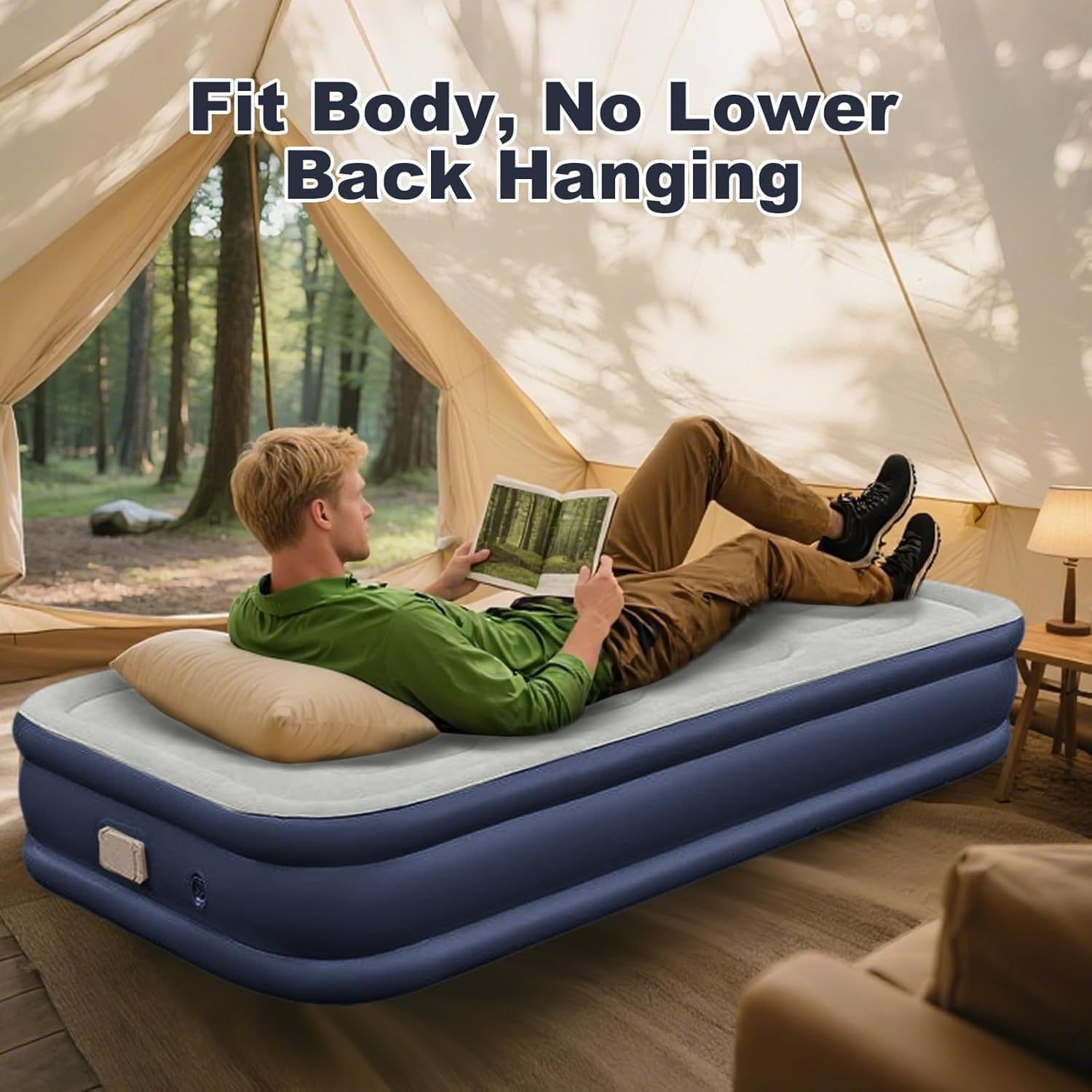 Air Mattress Full with Built in Pump, Luxury Queen Upgraded Comfort Inflatable Mattress with Storage Bag for Guest Home Camping, Foldable Blow up Mattress (Blue Grey, Single) image number 2