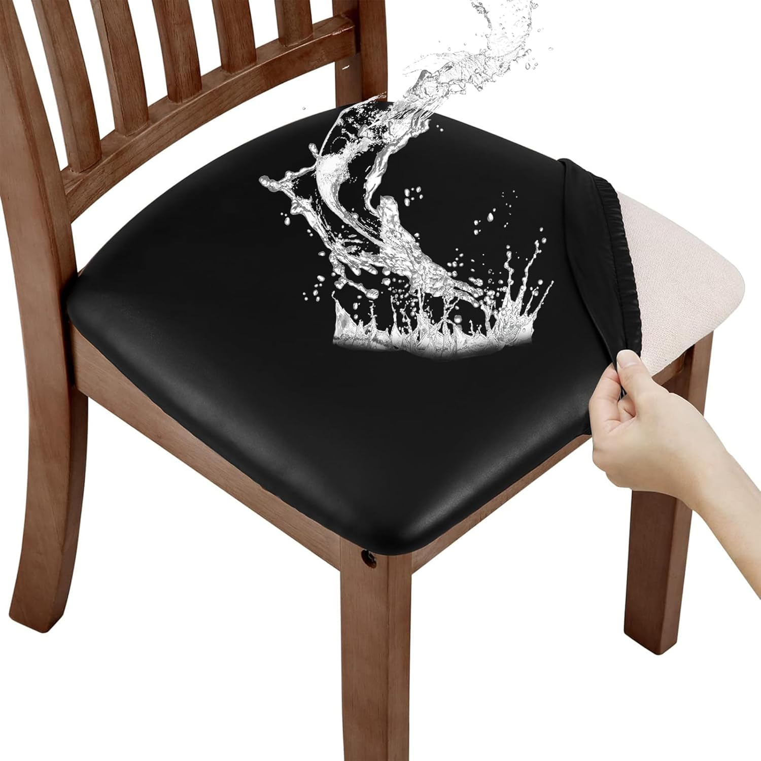 6 PCS PU Leather Dining Chair Seat Covers, Waterproof Stretch Chair Slipcovers, Seat Protectors for Kitchen & Dining Room Chairs (Black)