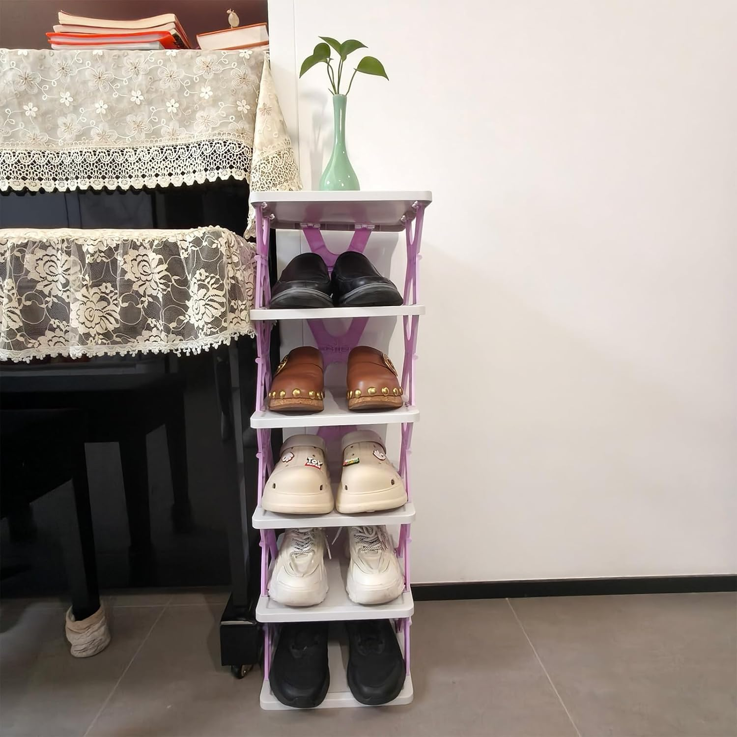 Foldable Vertical Shoe Rack, X-Design Tall Shoes Organiser for Narrow Space, Corner Shelf for Single Dormitory or Small Room (Purple, 6 Tier) image number 4