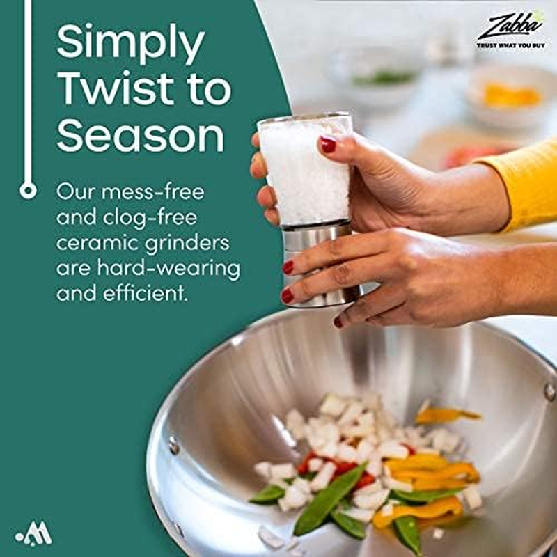 Salt and Pepper Grinder Set with Silicon Stand - Premium Pair of Salt & Peppercorn Mills with Adjustable Ceramic Coarseness - Brushed Stainless Steel and Glass Body Shakers image number 5