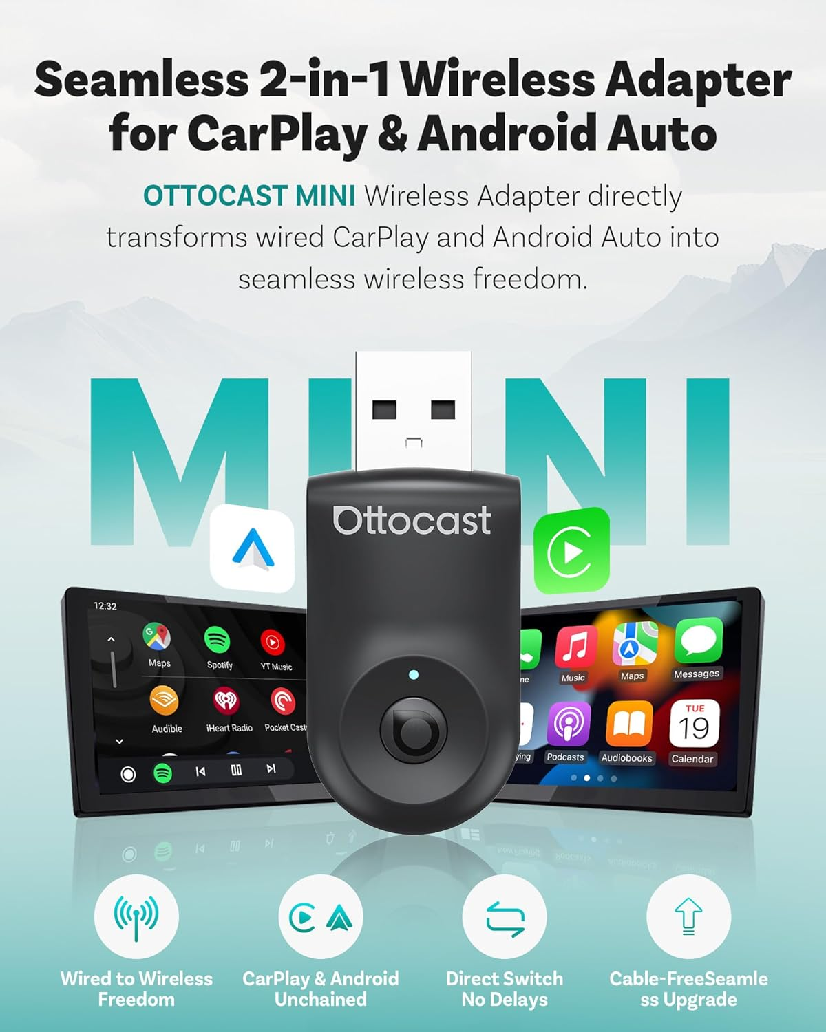 OTTOCAST Mini 2025 2-In-1 Wireless Carplay/Android Auto Adapter, 5Ghz Wifi, Auto Connect for 2016+ Cars image number 6