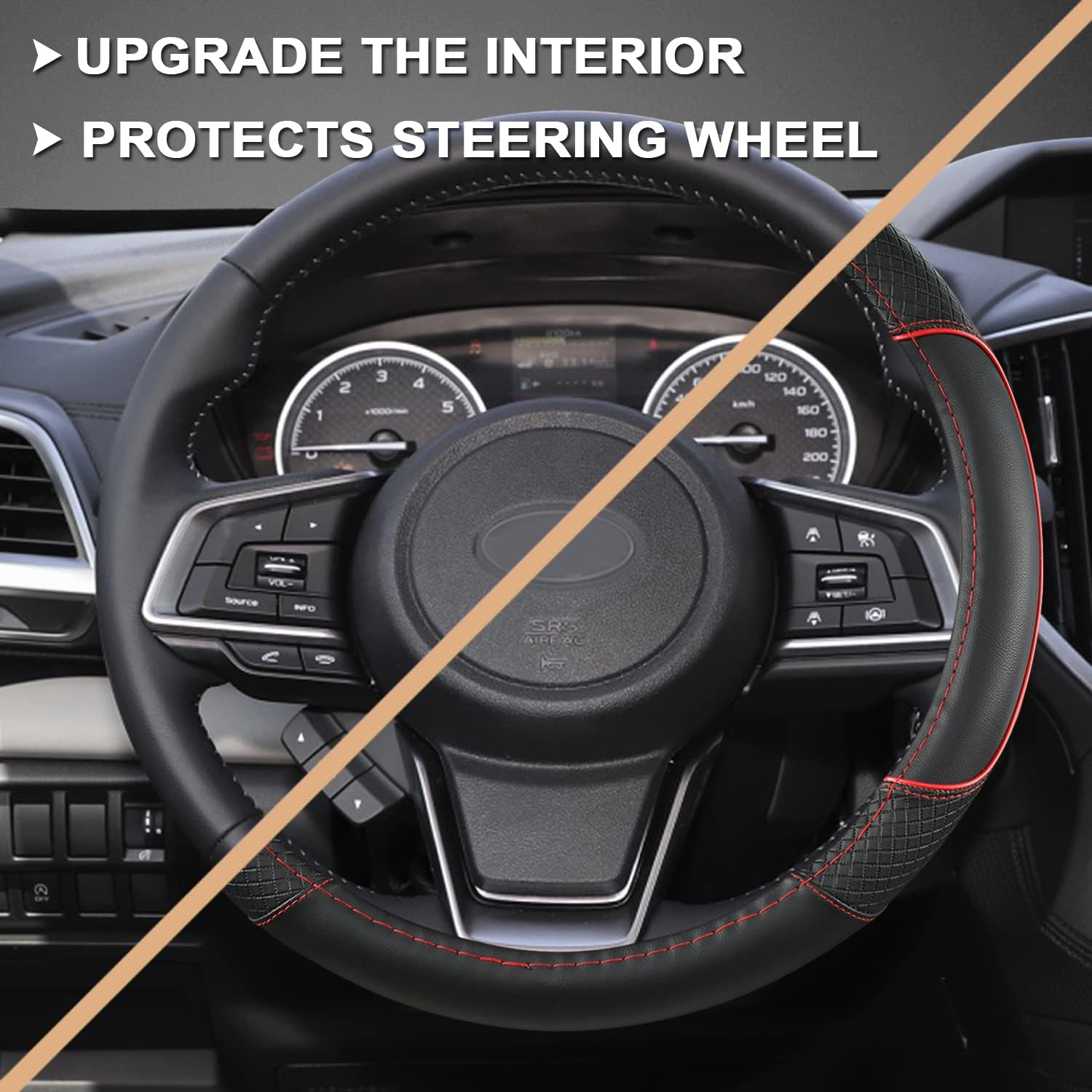 GIANT PANDA Customized Auto Steering Wheel Cover for Subaru Forester, Car Steering Wheel Cover for Subaru Outback and Crosstrek - Black+Red Trim image number 3