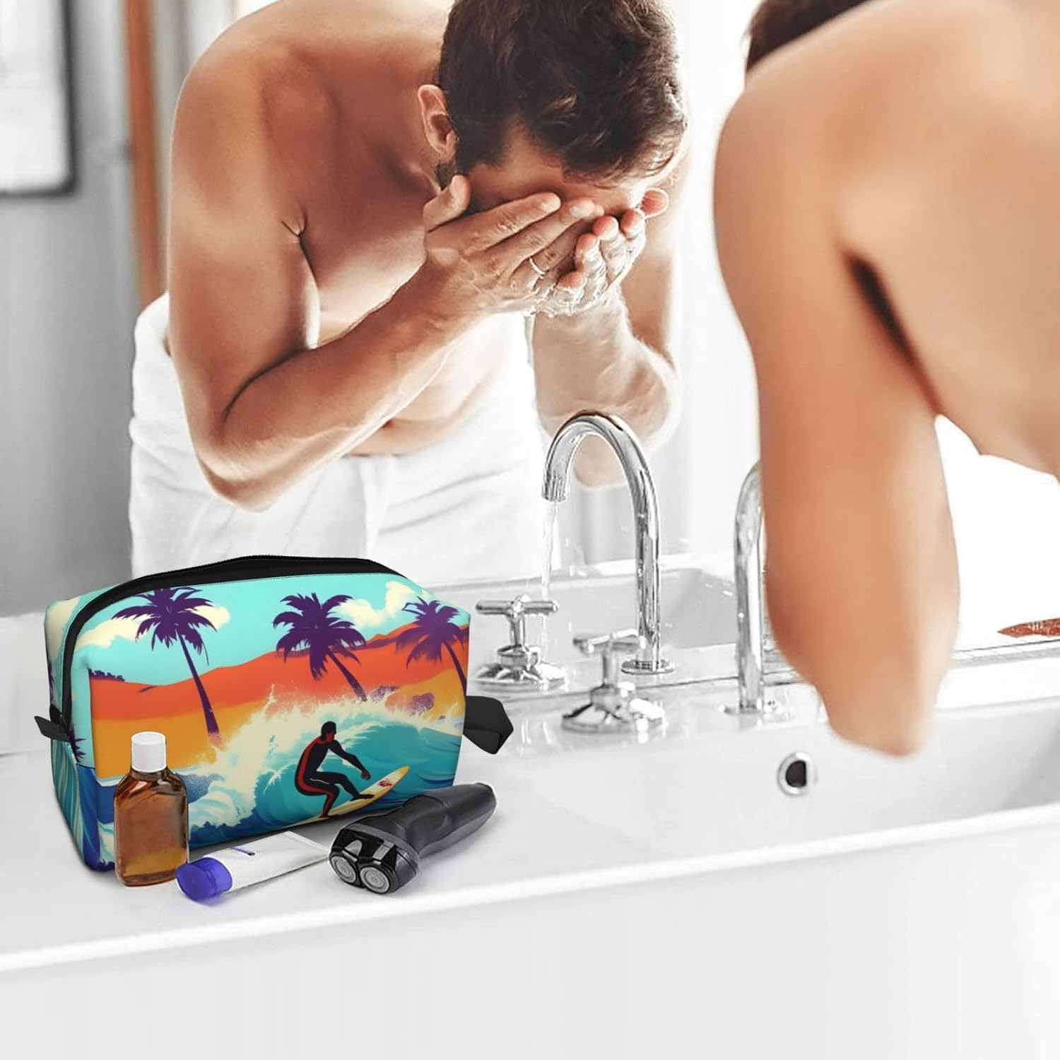 Hawaiian Surfer on Wavy Print Toiletry Bag for Men, Cosmetic Bag Spacious Capacity Travel Toiletry Bag for Women, White, One Size image number 4