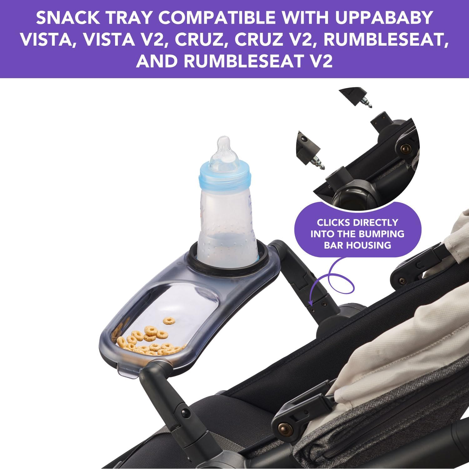Stroller Snack Tray with Cup Holder Compatible with Uppababy Vista V2 Stroller, Uppababy Cruz V2, Rumble Seat. Easy Attachment for Most Uppababay Stroller Bumper Bar Housing. Stroller Accessories image number 3