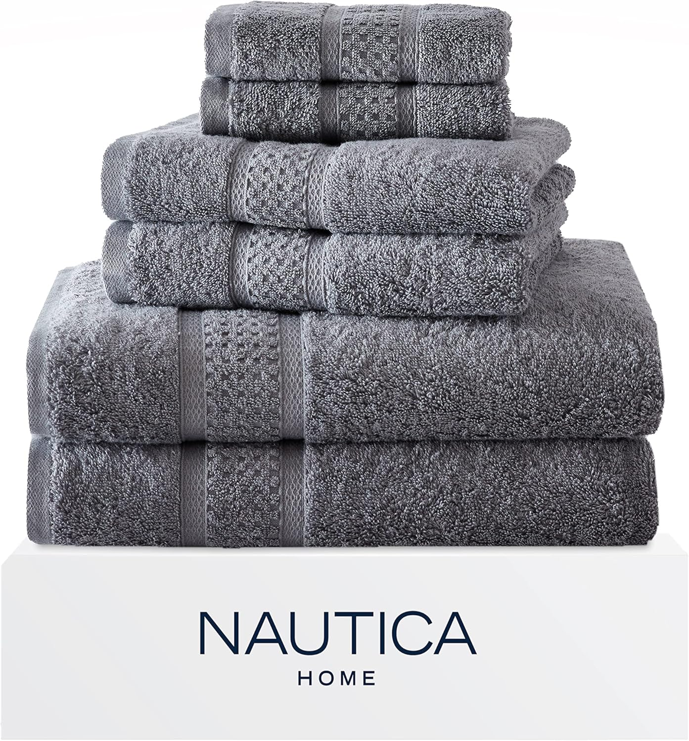 Nautica - 6 Piece Bath Towels, Absorbent & Fade Resistant Cotton Towel Set, Fashionable Bathroom Decor (Oceane Grey, 6 Piece)
